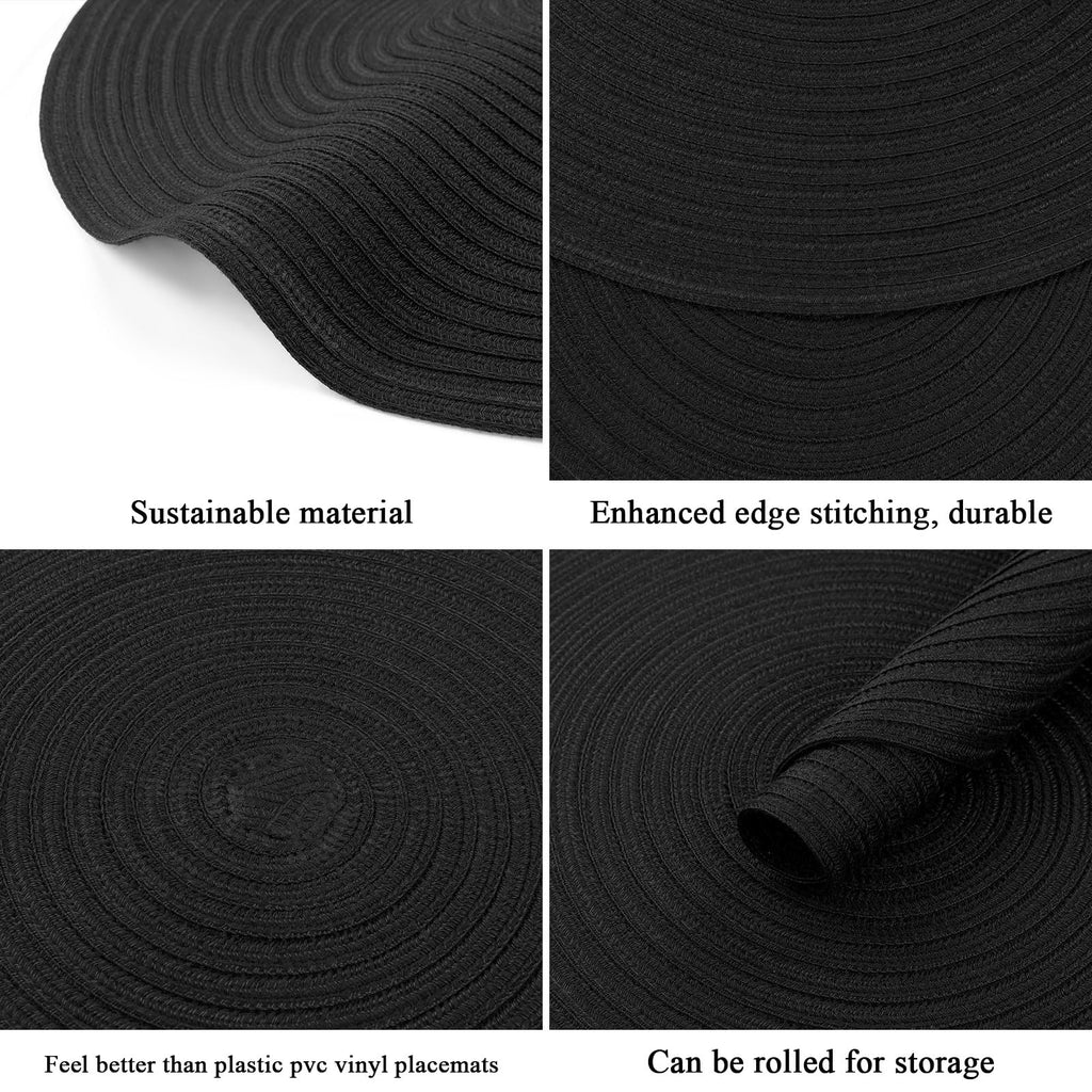 SHACOS Round Braided Placemats Set of 6 Washable Cotton Polyester Woven Round Table Mats 15 inch Heat Resistant (Black, 6)