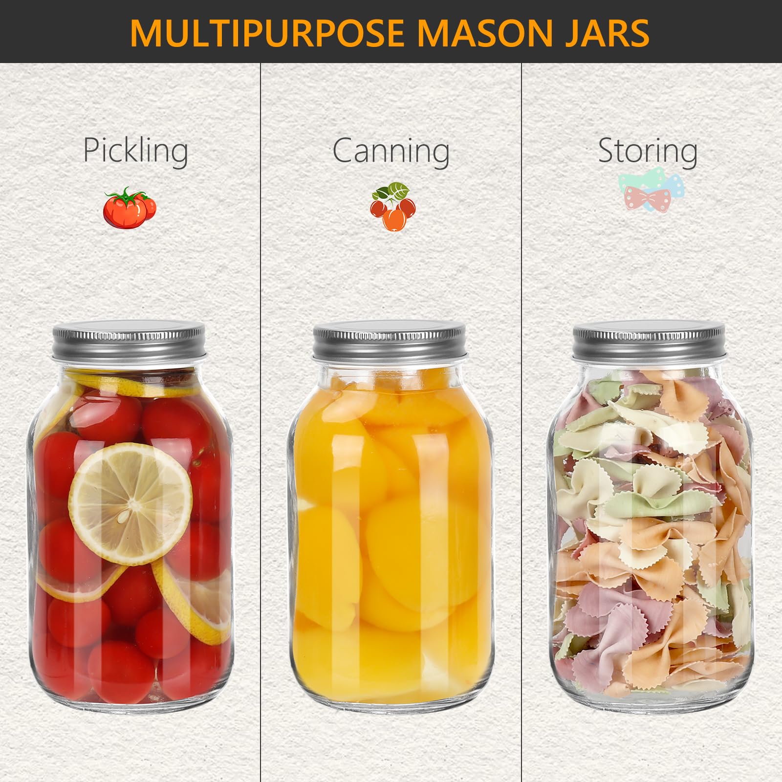 32 oz Mason Jars with Airtight Screw Lids, 6 Pack Glass Canning Jars,1000ml Food Storage Jars for Jams,Overnight Oats,Salad,Drink Favors,DIY Crafts