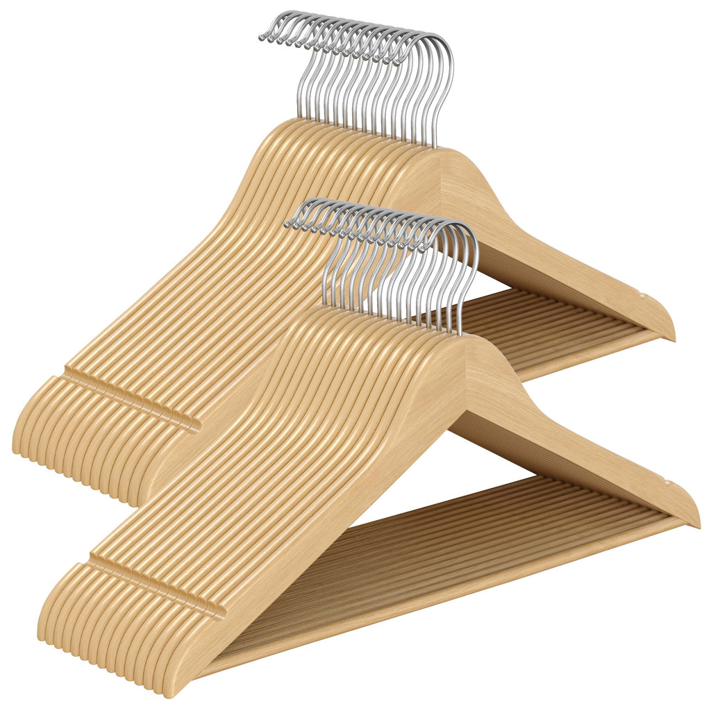 SONGMICS Wooden Hangers, Coat Hangers, Pants Bar, 360° Swivel Hooks, Solid Birch Wood, Space-Saving, for Jackets, Shirts, Coats, Pack of 30, Natural Beige UCRW030K01
