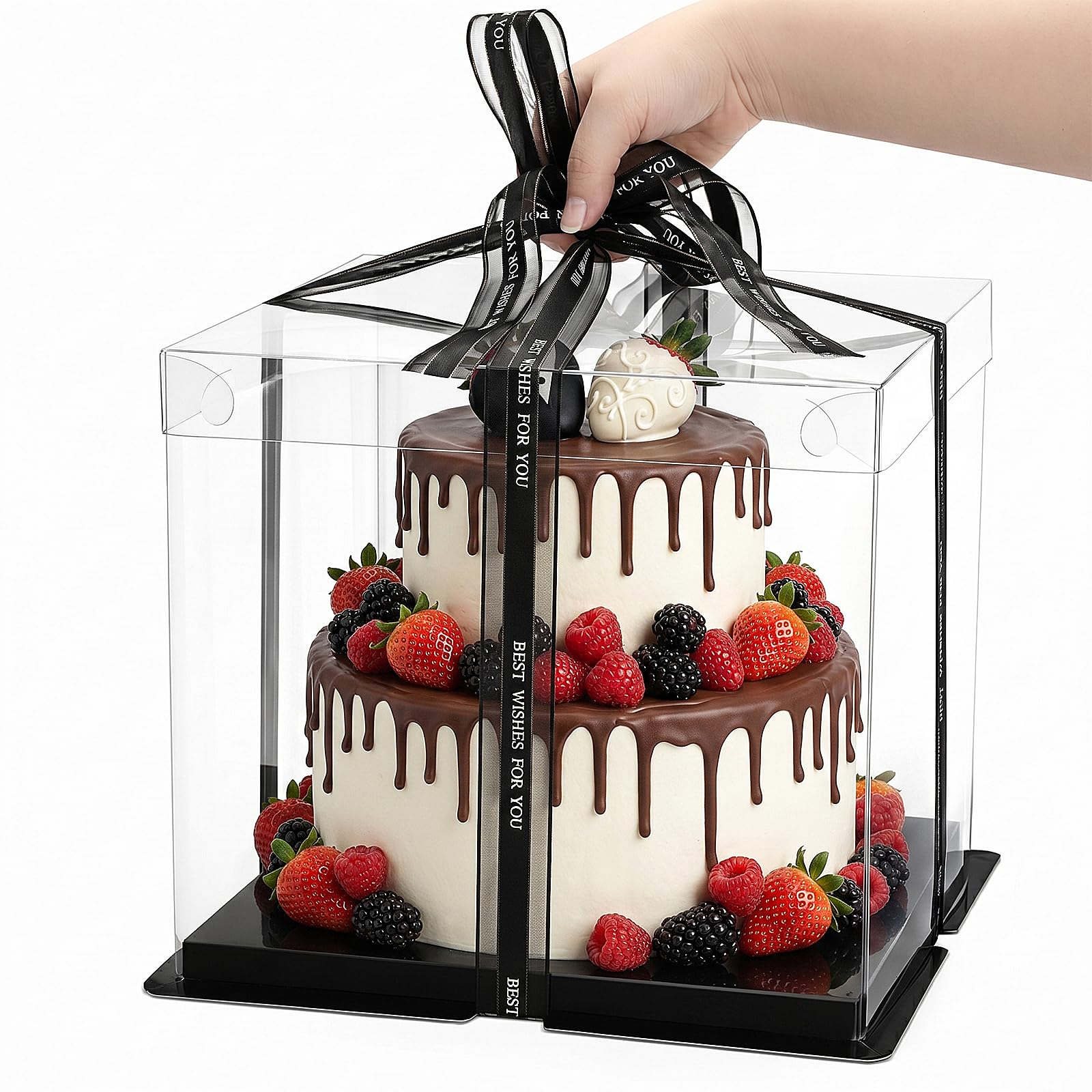 Cididu 6 Pack Clear Cake Box with Ribbon, 2-Layer Tall Cake Carrier Boxes, Packaging Boxes 10x10x9 Inch, PET Clear Gift Box with Lid, Transparent Cake Containers for Birthday Party Wedding