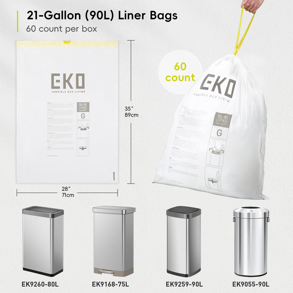 EKO Extra Strong 21 Gallon Large Trash Bags, Heavy-Duty Drawstring Kitchen & Household Garbage Bags (80L), Leak-Resistant, Fresh Floral Scent, Continuous Odor Control, 60 Count, Code G