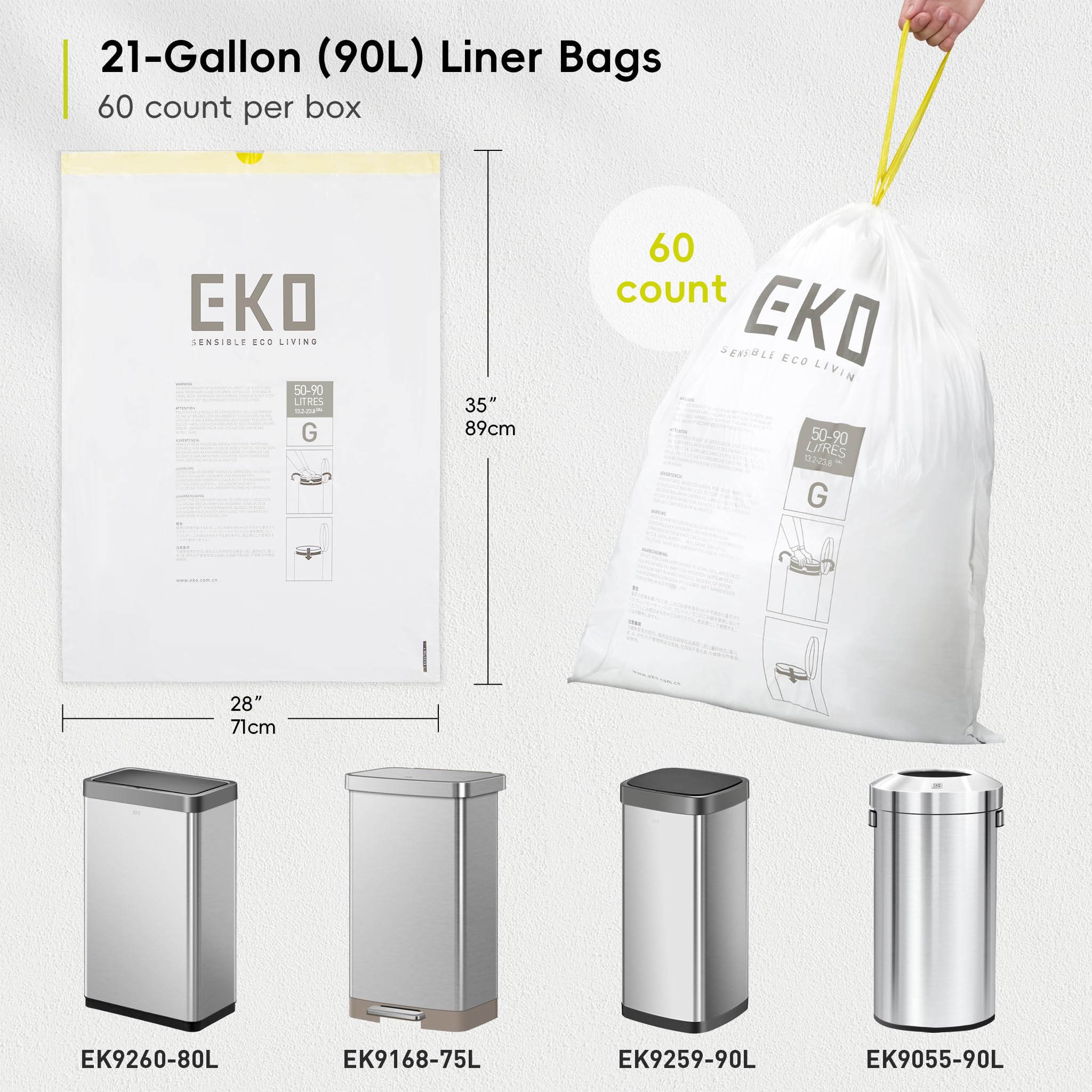 EKO Extra Strong 21 Gallon Large Trash Bags, Heavy-Duty Drawstring Kitchen & Household Garbage Bags (80L), Leak-Resistant, Fresh Floral Scent, Continuous Odor Control, 60 Count, Code G