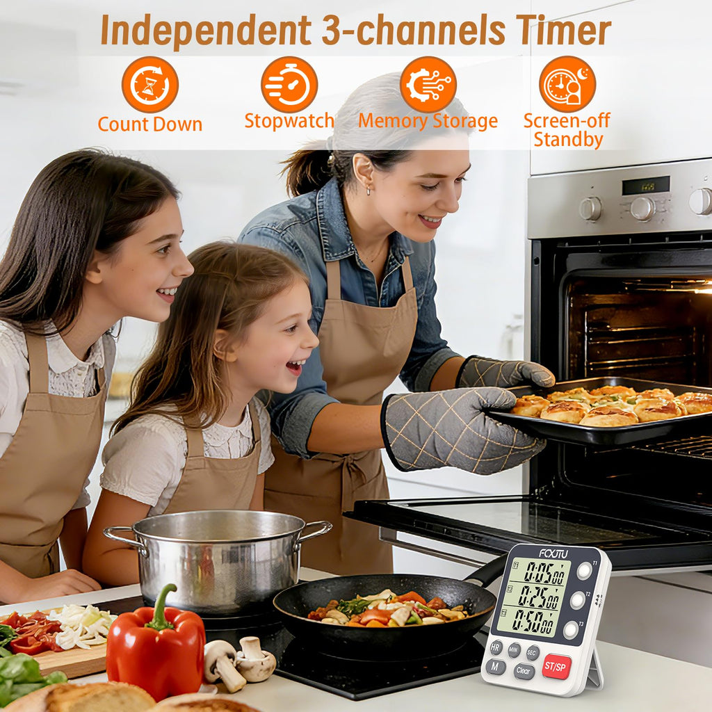 FCXJTU Digital Dual Triple Kitchen Timer, 3 Channels Count Down Timer, Cooking Timer, Large Display, Loud Alarm and Flashing Light with Magnetic Back, Stand, Battery Included (White)