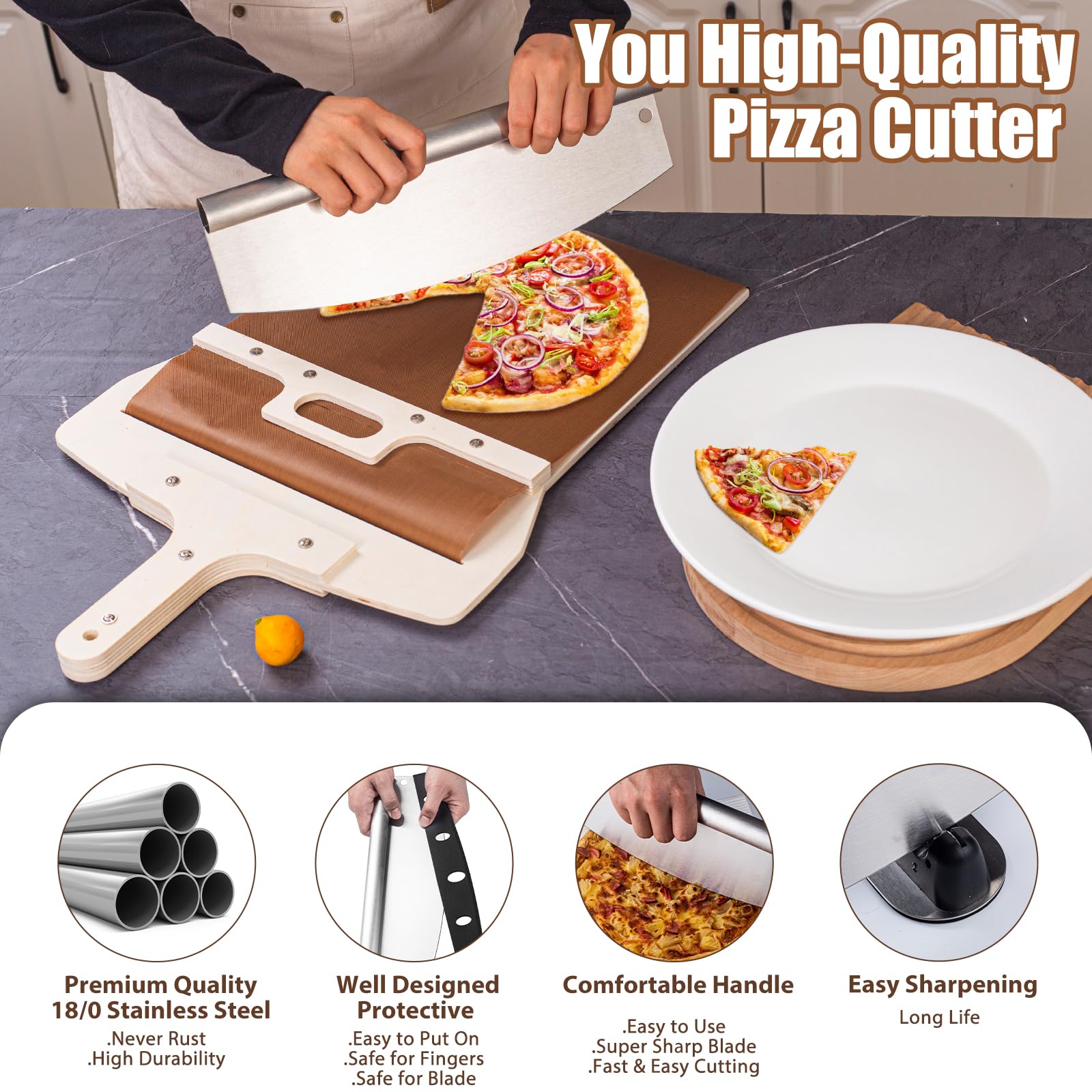 Leozzo Sliding Pizza Peel, Pizza Slider Paddle with Pizza Cutter Rocker, Non-Stick Pizza Peel Slider with Handle Detachable Transfers Pizza Pie, 12” Wood Sliding Pizza Peel with Replacement Cloth
