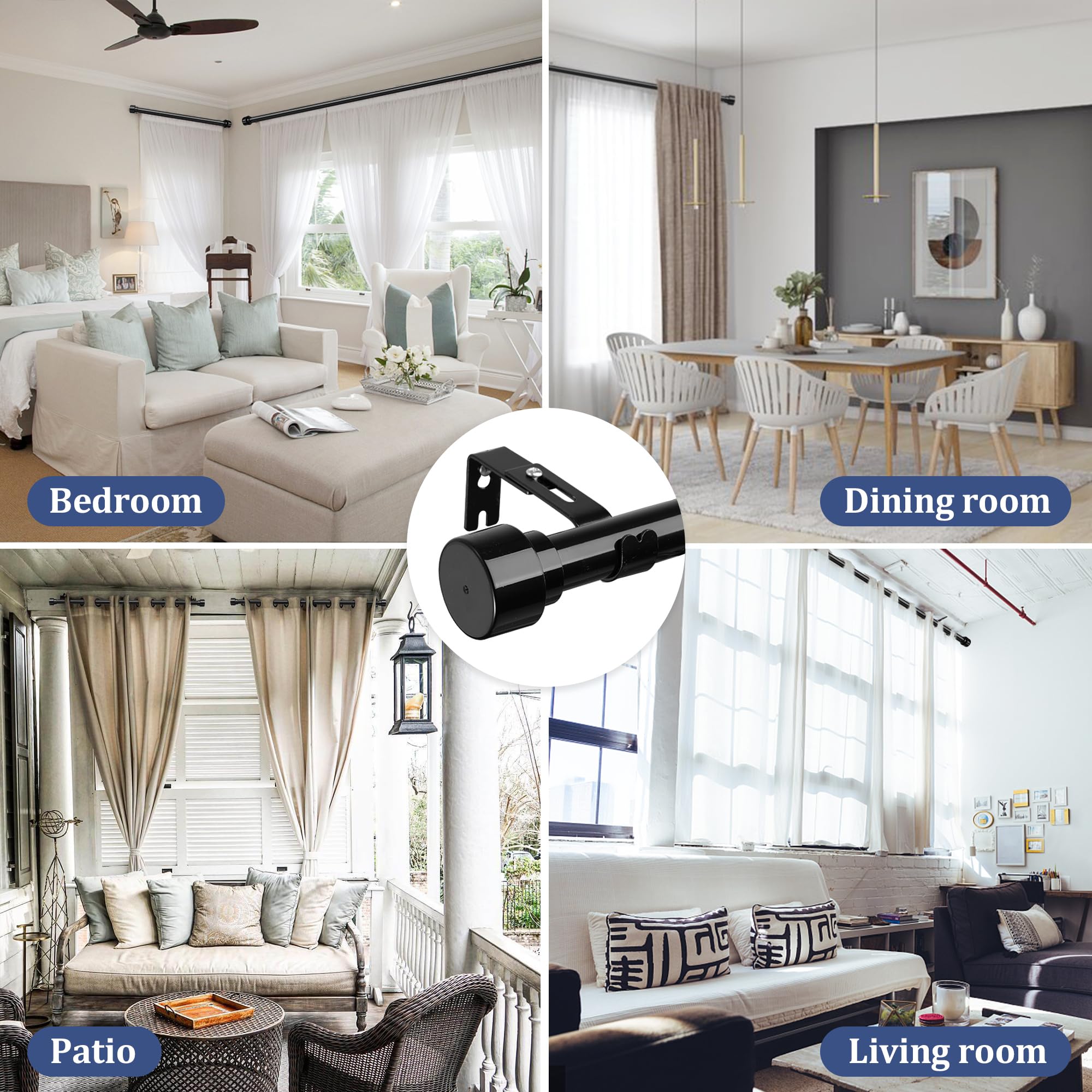CALCHELE Black Curtain Rods - 1 Inch Heavy Duty Window Curtains Rods for 28-62 Inch - Farmhouse Curtain Rods for Cafe, Valance, Door, Bedroom, Drapery, Bathroom