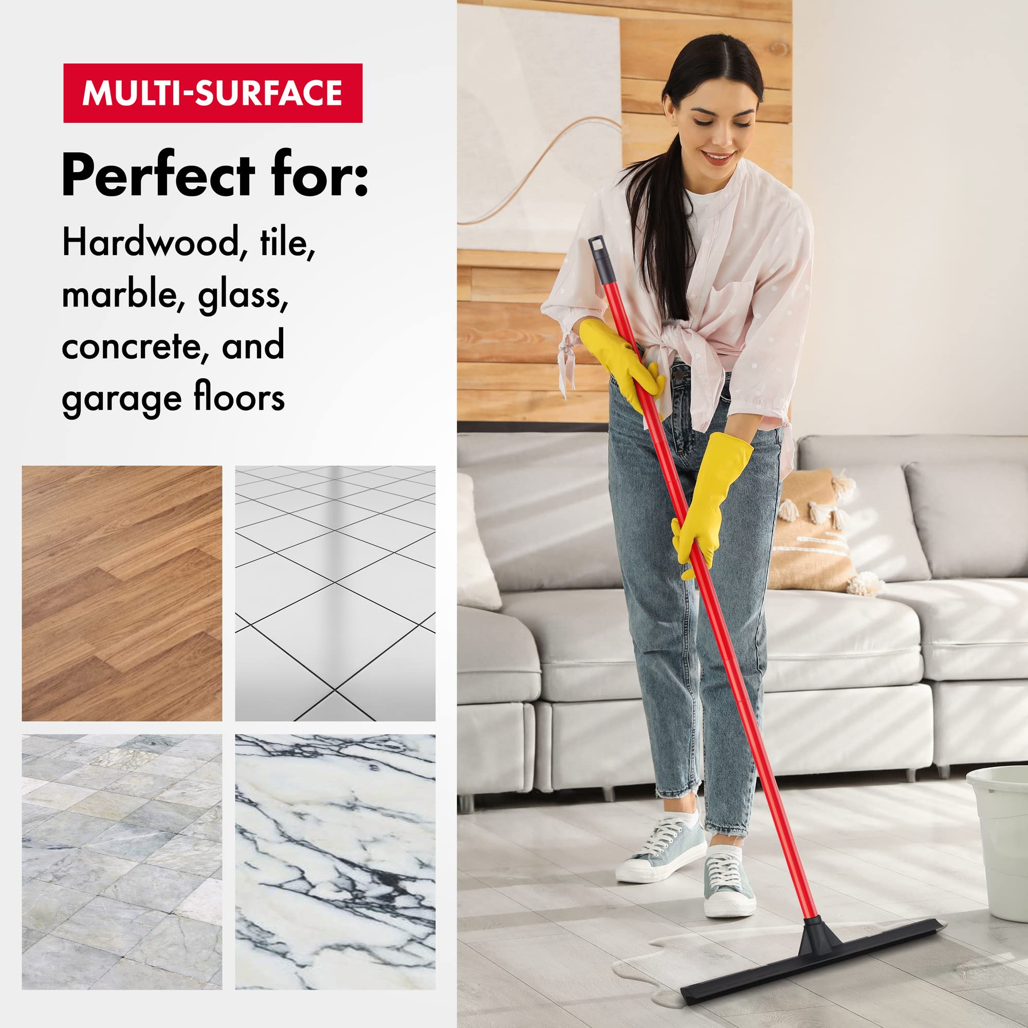 Tyroler Push & Pull Floor Squeegee Heavy Duty | 44CM Head 100% Rubber Squeegee Broom | Aluminum Anti-Rust 4-Piece Handle | Floor Wiper Multi-Surface, Hardwood, Marble, Tile, Garage, Indoor & Outdoor