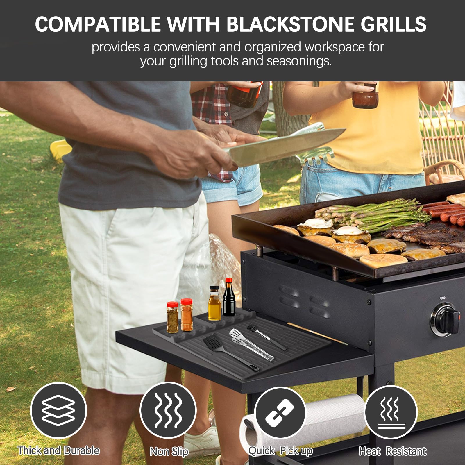 Silicone Grill Barbeque Mat for Blackstone, Large Spatula Tools With Drip Pad, Griddle Mat for Outdoor Cooking, Kitchen Counter (Light Grey)