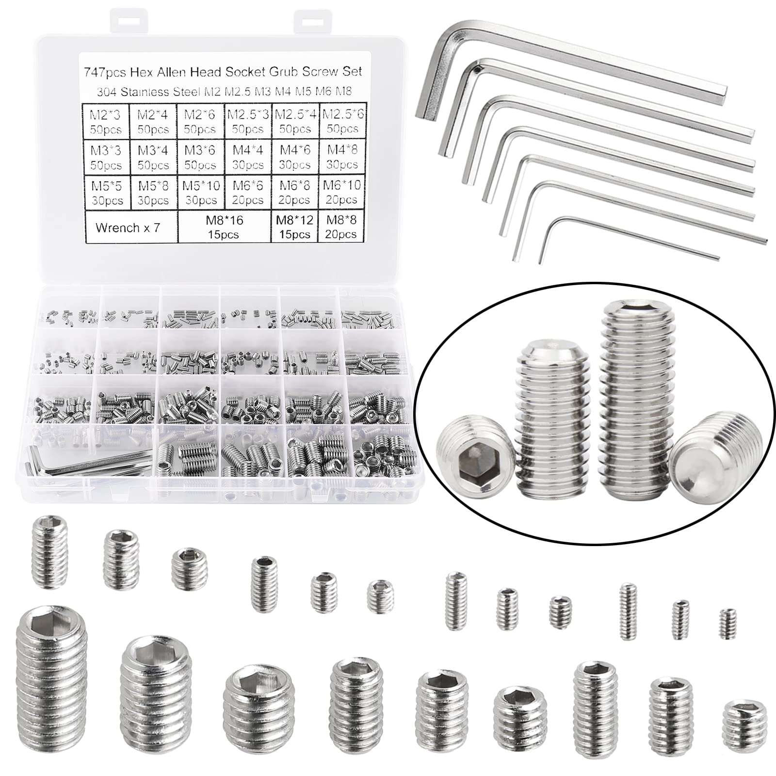 HanTof 747Pcs 21 Sizes Metric M2/M2.5/M3/M4/M5/M6/M8 Allen Head Socket Hex Grub Set Screws,Internal Hex Drive Headless Cup-Point Set Screws Assortment Kit with 7Pcs Hex Wrenches,304 Stainless Steel