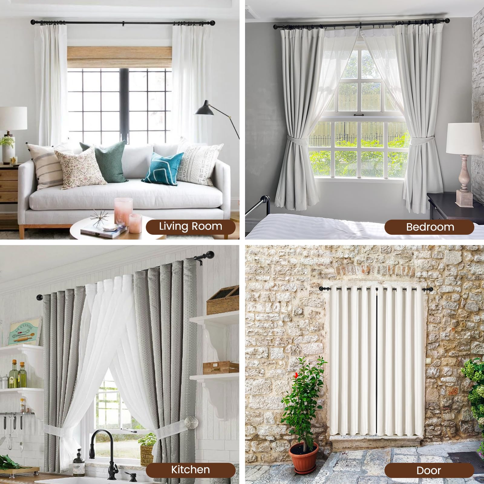 2 Pack Curtain rod for Windows 48 to 84 Inch, 5/8 Inch Small Matte Black Outdoor adjustable Curtain Rods with brackets for Bedroom, Bathroom, Living room, Kitchen, Patio, cafe