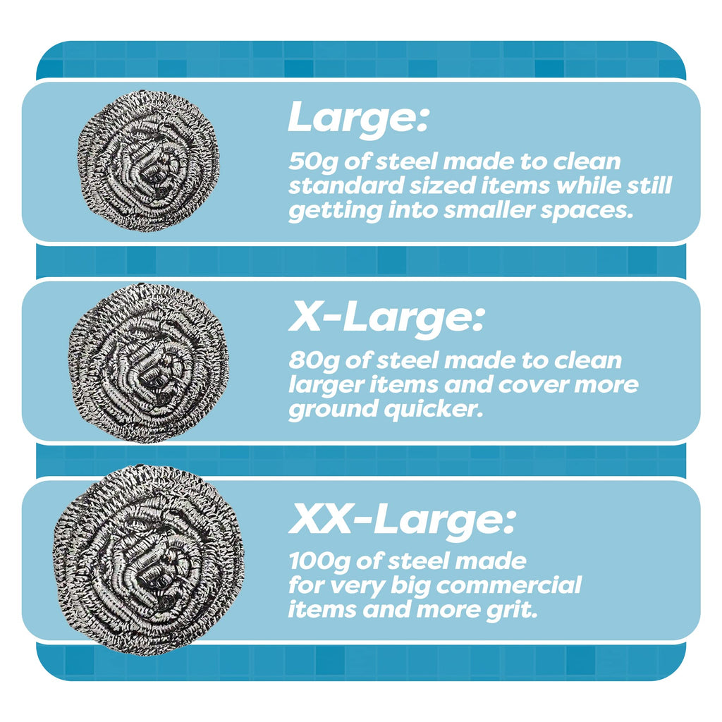 12 Pack Stainless Steel Scourers by Scrub It – Steel Wool Scrubber Pad Used for Dishes, Pots, Pans, and Ovens. Easy scouring for Tough Kitchen Cleaning. (XX Large (100 Gram))