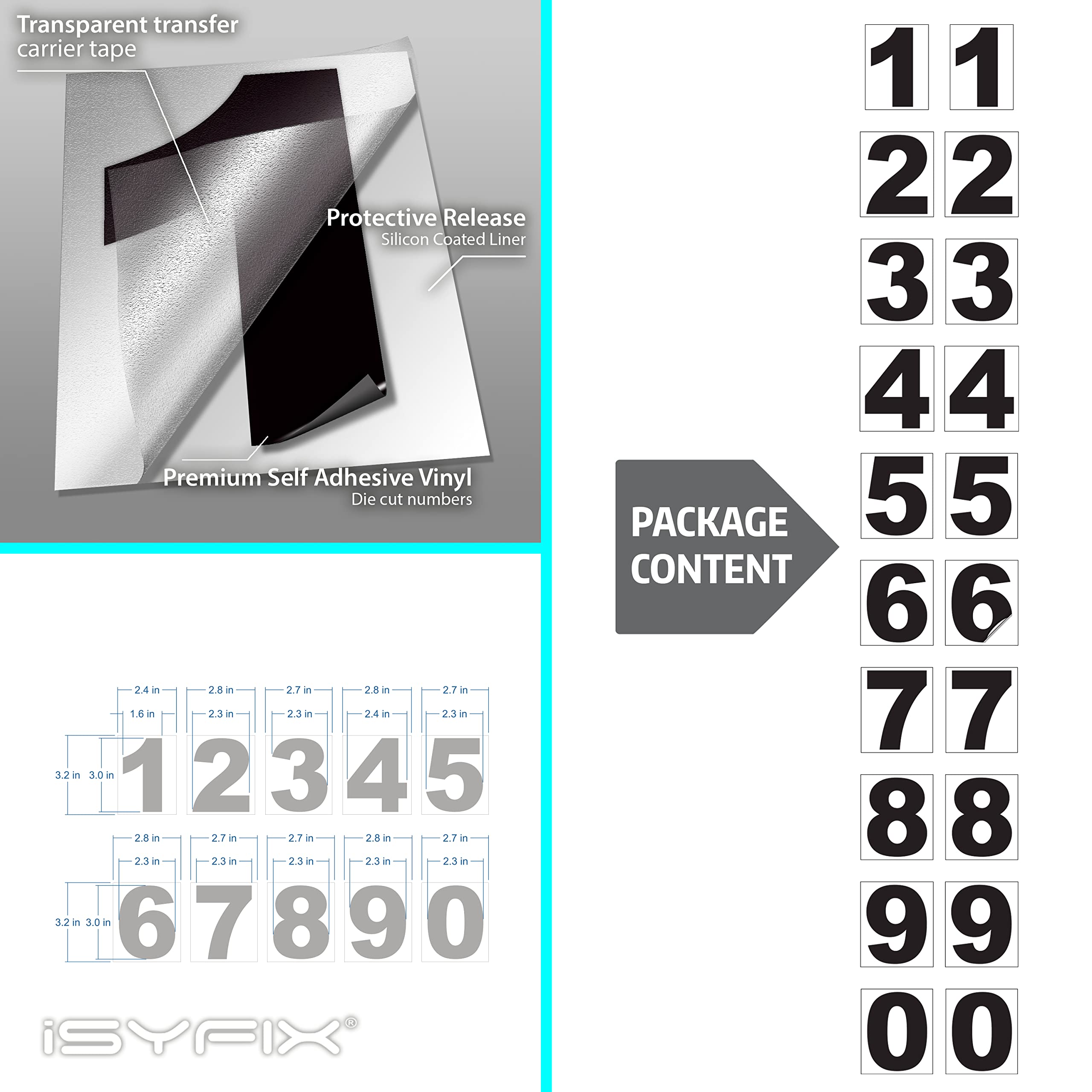 iSYFIX Black Vinyl Numbers Stickers – 3 Inch Self Adhesive (2 Sets)- Premium Decal Die Cut and Pre-Spaced for Mailbox, Signs, Window, Door, Cars, Trucks, Homes, Businesses, Address, Indoor or Outdoor