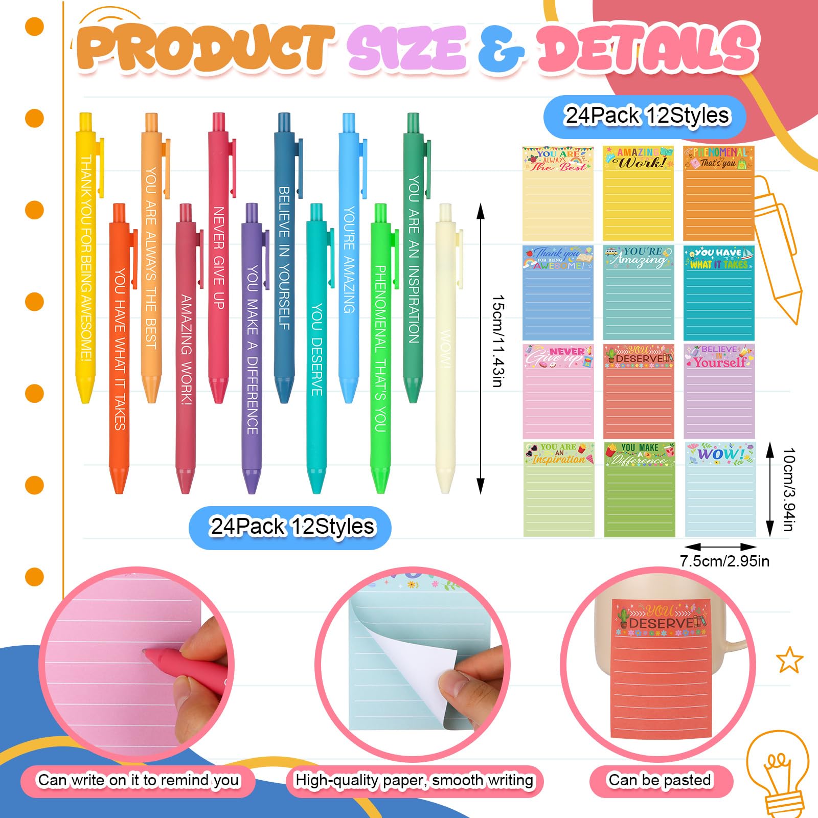 24 Sets Employee Appreciation Gifts Bulk Inspirational Pens Motivational Sticky Notepads Thank You Ballpoint Pen Positive Sticky Notes Post Note Thank You Gifts for Coworker Teacher Nurse Staff Team