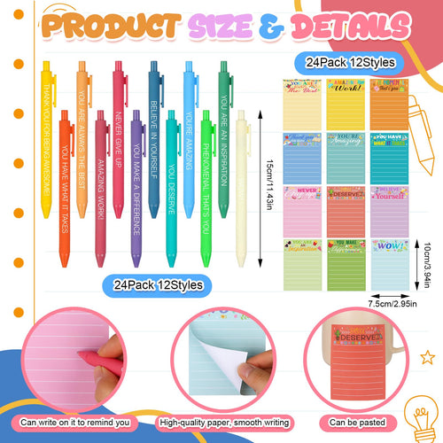 24 Sets Employee Appreciation Gifts Bulk Inspirational Pens Motivational Sticky Notepads Thank You Ballpoint Pen Positive Sticky Notes Post Note Thank You Gifts for Coworker Teacher Nurse Staff Team