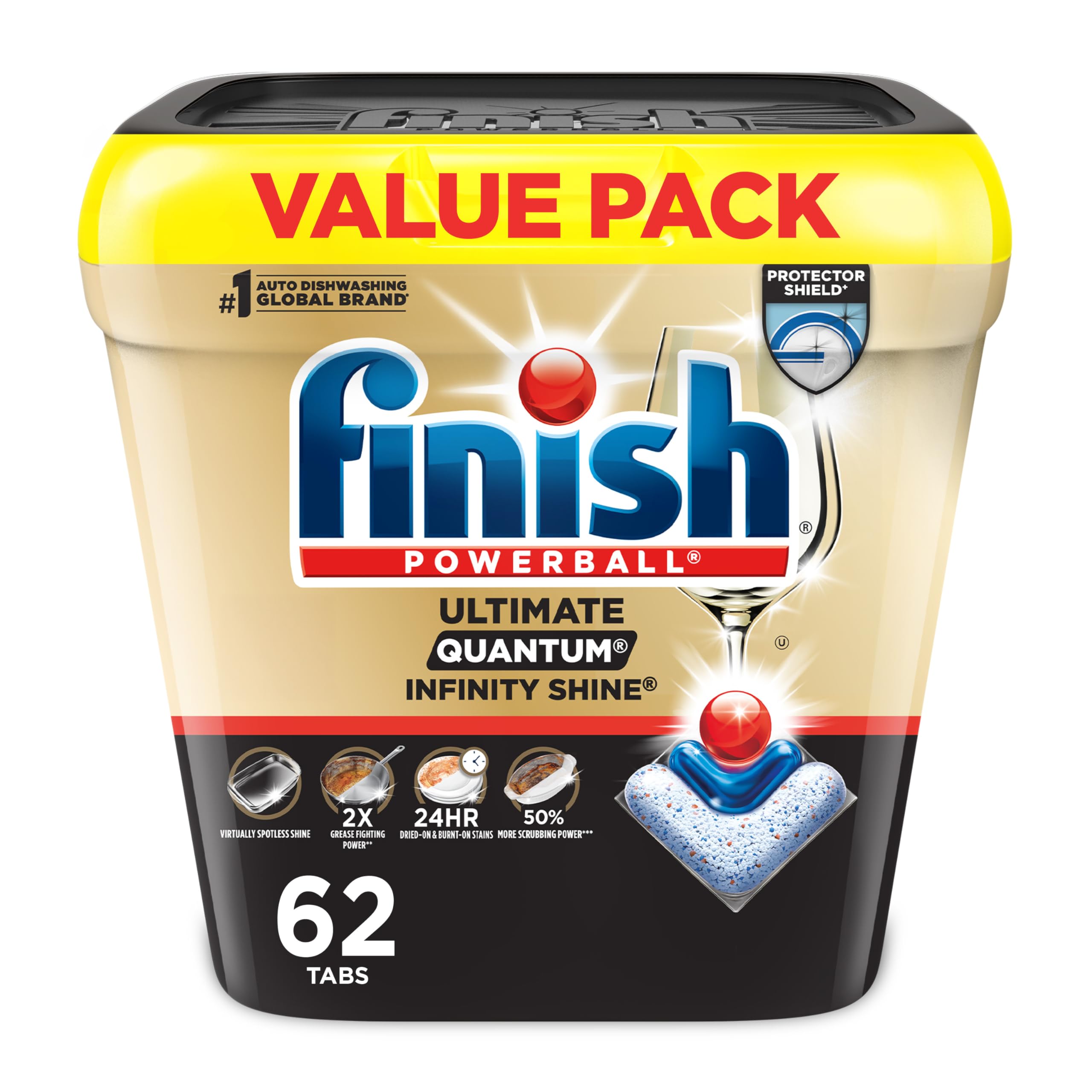 Finish Ultimate Infinity Shine Dishwasher Detergent Pods, 3 Chamber Formula with PowerBall, 5X Grease Fighting, Burnt & Dried-On Stains, Ultimate Clean & Virtually Diamond Shine, No Pre-Rinse, 62 Tabs