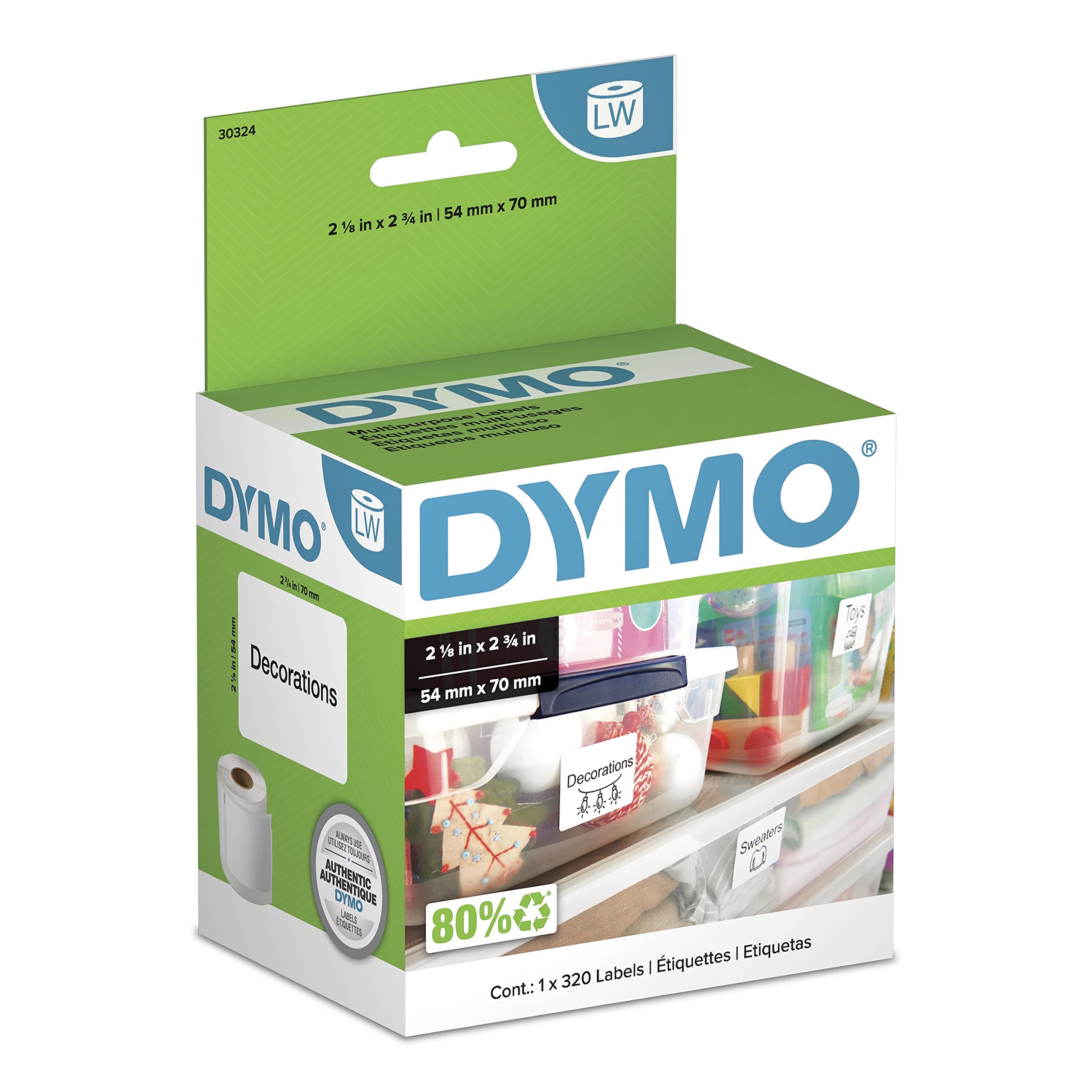 DYMO LW Large Multi-Purpose Labels | 2-1/8" x 2-3/4" (54 x 70mm) | Black Print on White Labels | for LabelWriter Label Printers | 1 Roll of 320