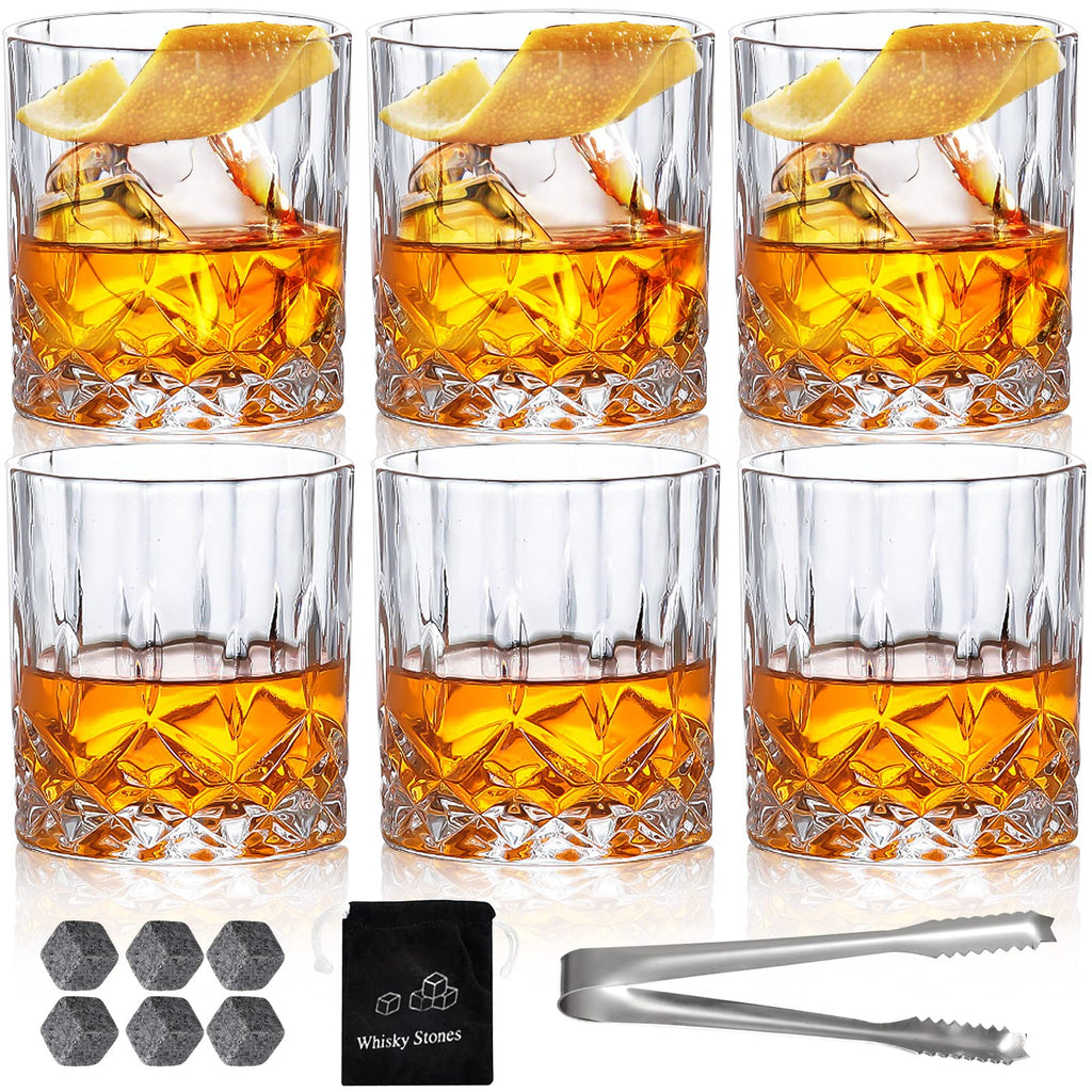 Whiskey Glasses Old Fashioned Glass Set of 6 Rocks Glasses 10oz Clear Whisky Glasses Lowball Glassware Drinking Tumblers Cups for Cognac Bourbon Cocktail Rum Brandy Bar Men