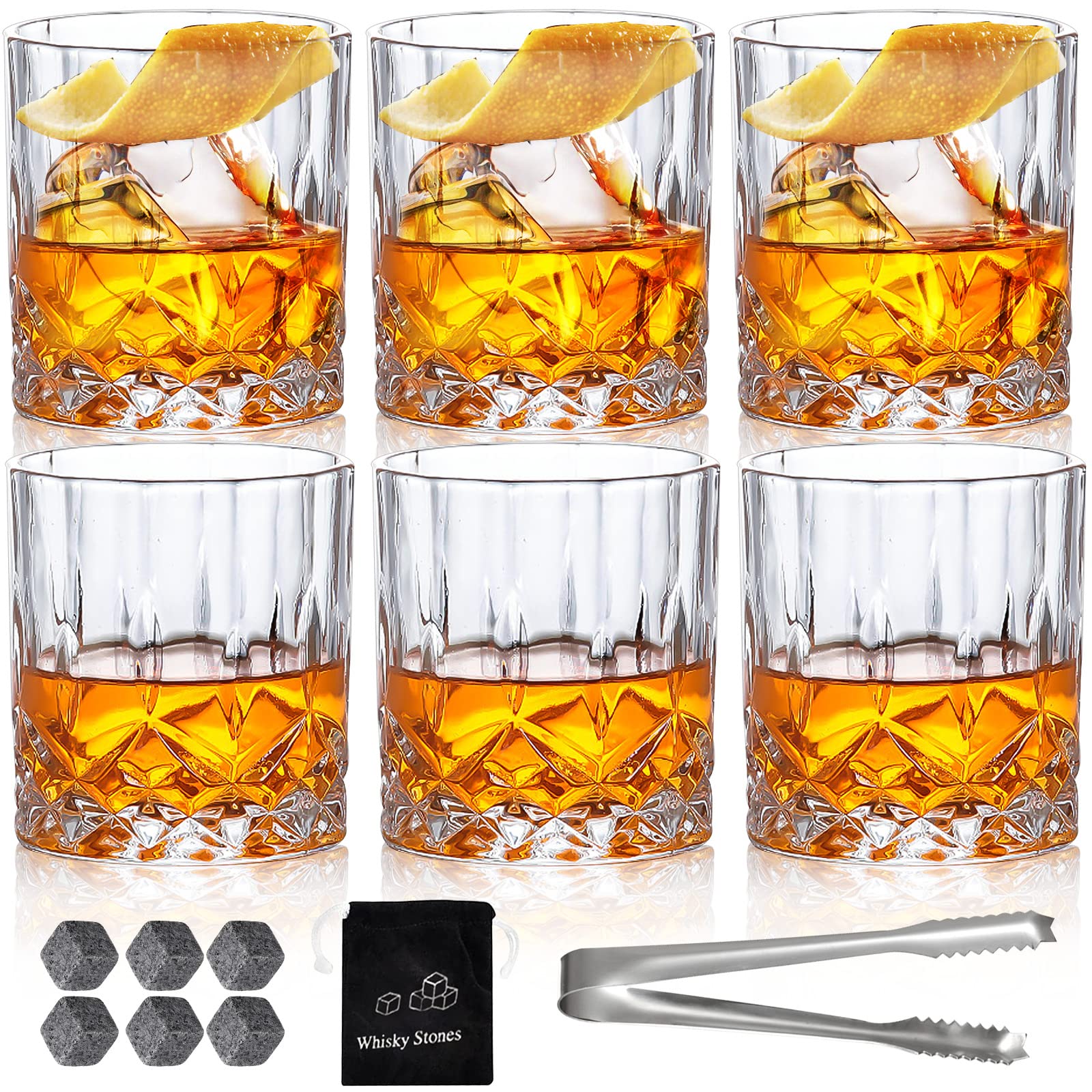 Whiskey Glasses Old Fashioned Glass Set of 6 Rocks Glasses 10oz Clear Whisky Glasses Lowball Glassware Drinking Tumblers Cups for Cognac Bourbon Cocktail Rum Brandy Bar Men