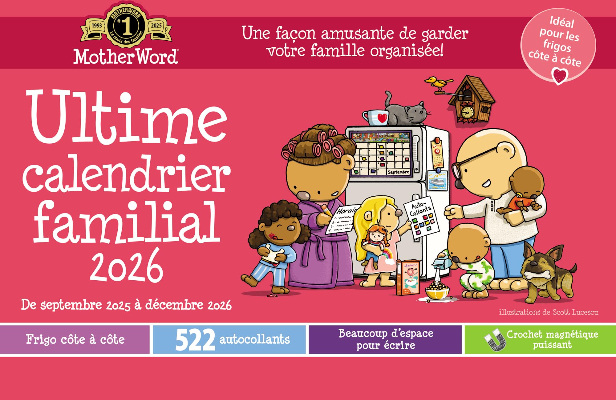 2026 MotherWord Ultimate Fridge Magnetic Hanging Family Calendar, 16-Month Family Planner, Sept 2025 - Dec 2026, French, Medium Side by Side Version, 15" x 9.5" (MWMFT12826)