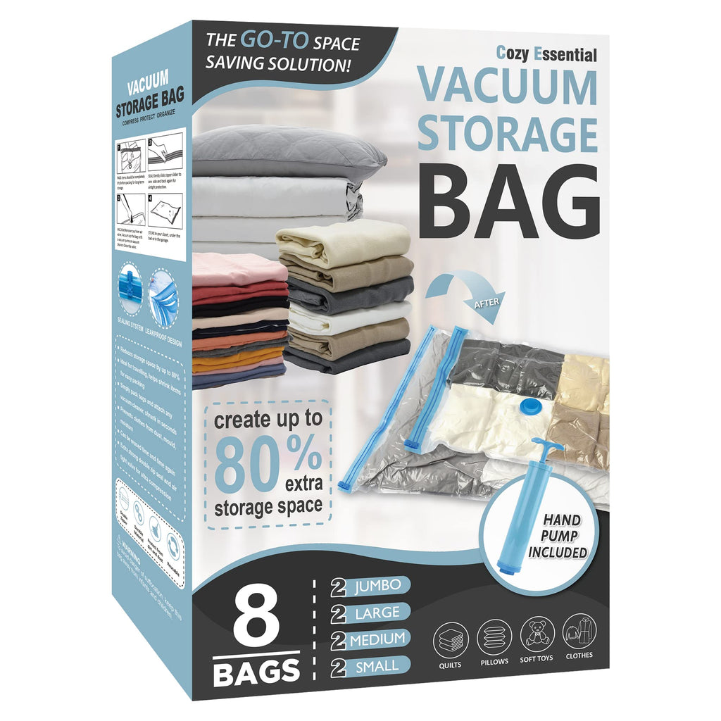 Cozy Essential Vacuum Storage Bags, 80% Compression Vacuum Seal Space Saver Plastic Packaging Bags for Clothes, Blankets, Pillow, Bedding, Comforters, Sealer Clothing Storage,8 Combo