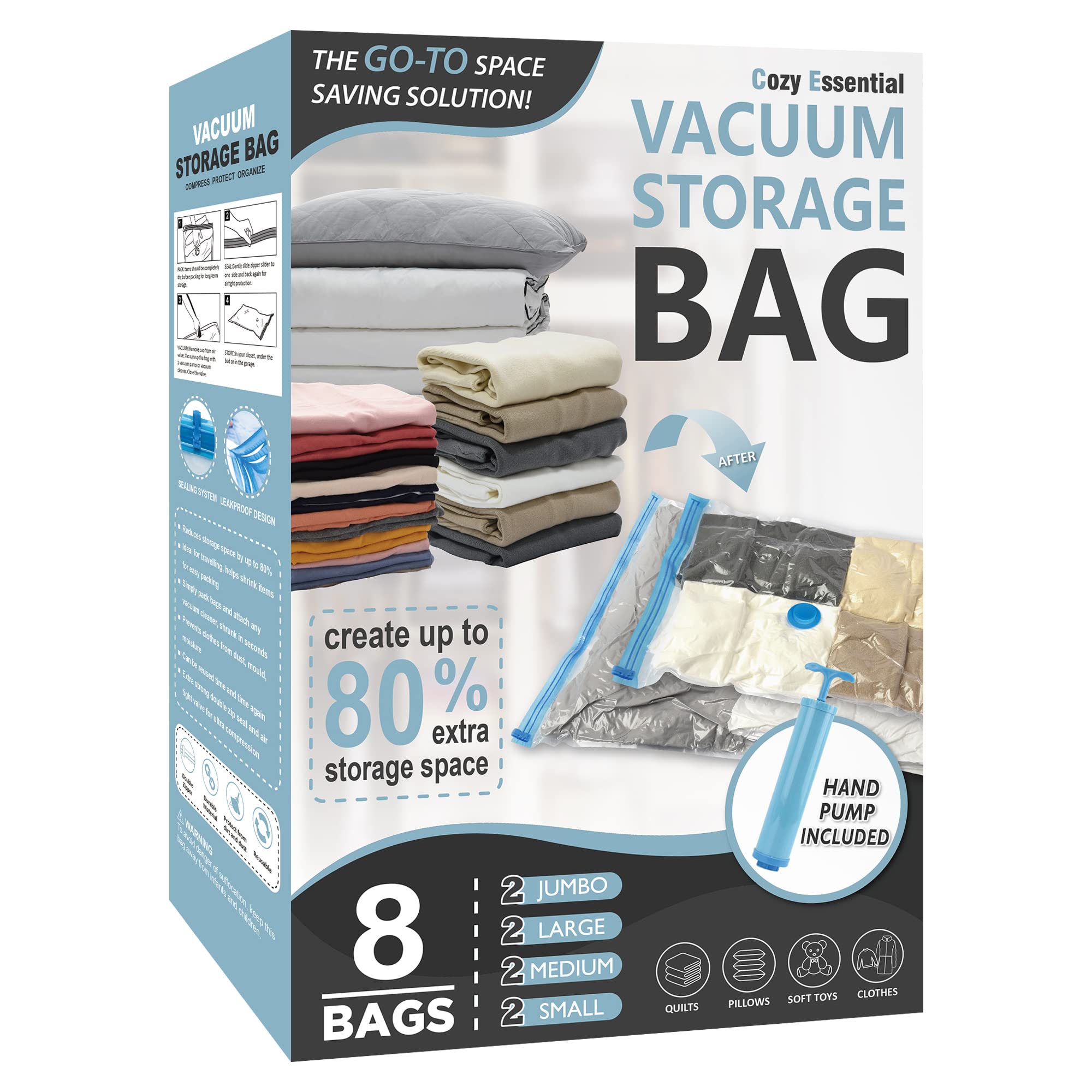 Cozy Essential Vacuum Storage Bags, 80% Compression Vacuum Seal Space Saver Plastic Packaging Bags for Clothes, Blankets, Pillow, Bedding, Comforters, Sealer Clothing Storage,8 Combo