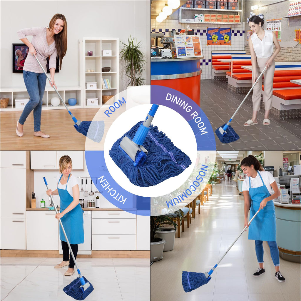 KLHB-YF Blue Heavy-Duty Cotton Mop Set - 59-Inch Durable Handle + 2 Reusable Cotton Mop Heads, Multi-Surface Cleaning for Home, Garage, Office, Workshop & Warehouse Floors