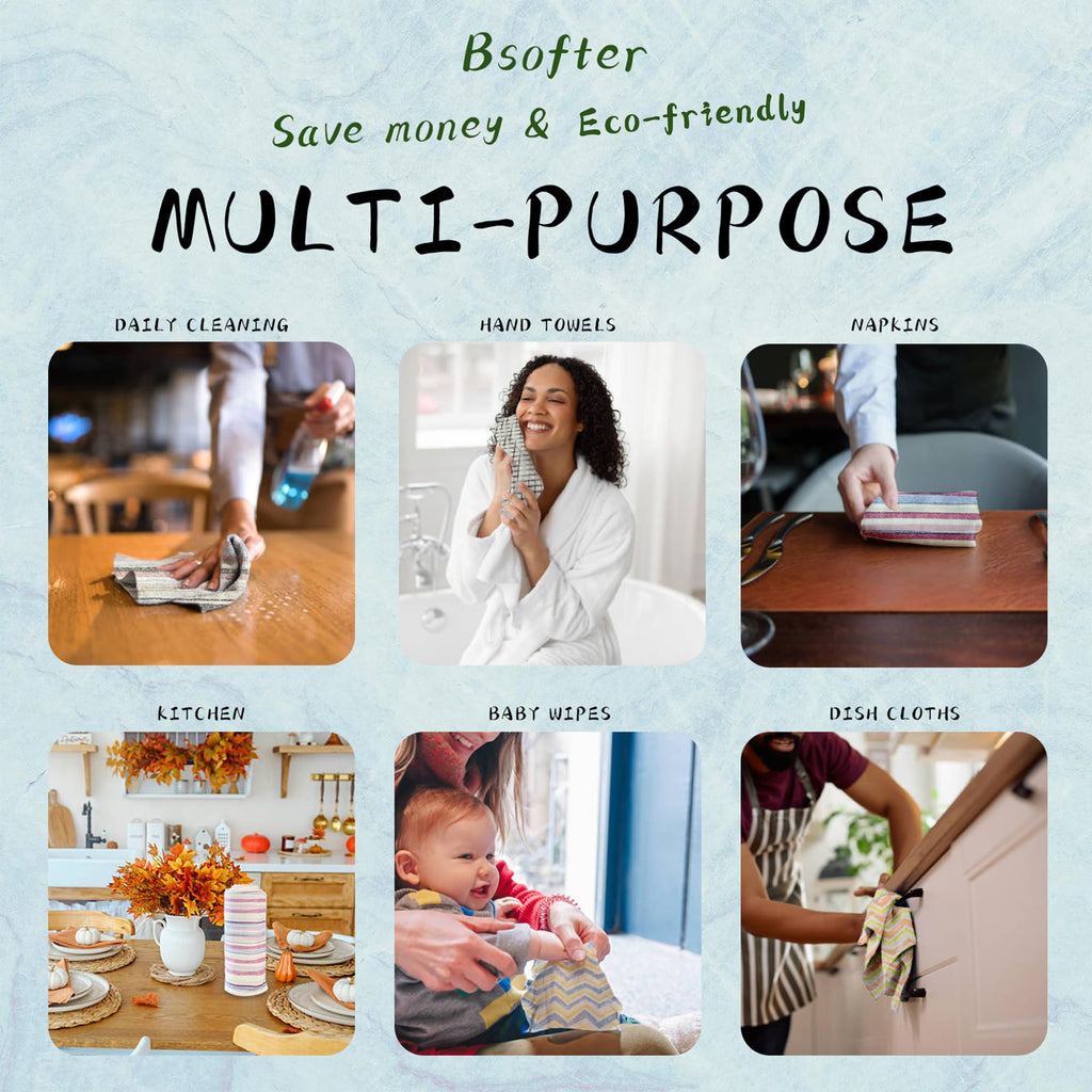 Bsofter Reusable Paper Towels, 24-Pack 10x10 Inch Kitchen Towels, Soft Cotton Flannel, Washable and Absorbent for Daily Cleaning and Drying Dishes