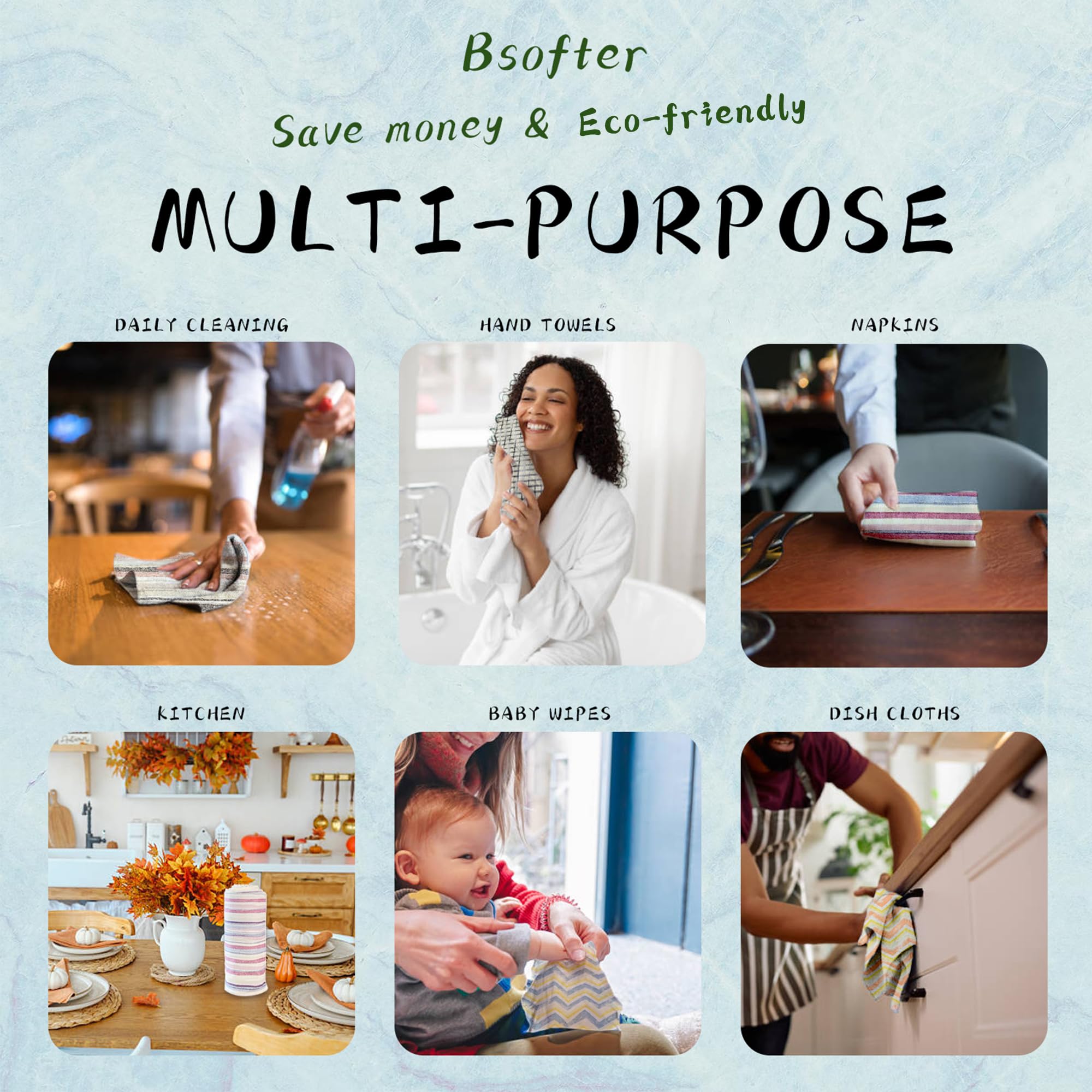 Bsofter Reusable Paper Towels, 24-Pack 10x10 Inch Kitchen Towels, Soft Cotton Flannel, Washable and Absorbent for Daily Cleaning and Drying Dishes