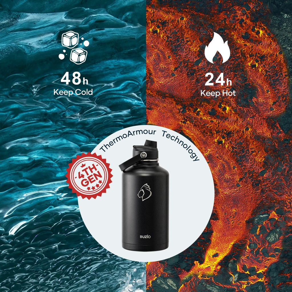 BUZIO 64oz Insulated Water Bottle, Stainless Steel Half Gallon Metal Jug (Cold for 48 Hrs) Triple Wall Large Leakproof Wide Mouth Drink Flask with Straw Lid Flex Cap for Gym Sports Hiking, Camping