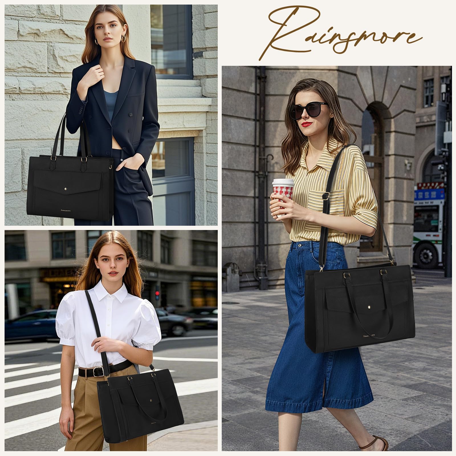 RAINSMORE Laptop Bags For Women 15.6Inch Leather Work Tote Bags Laptop Tote Waterproof Laptop Purse Business Office Computer Bag Professional Womens Briefcase Large Handbag for Travel College, Black