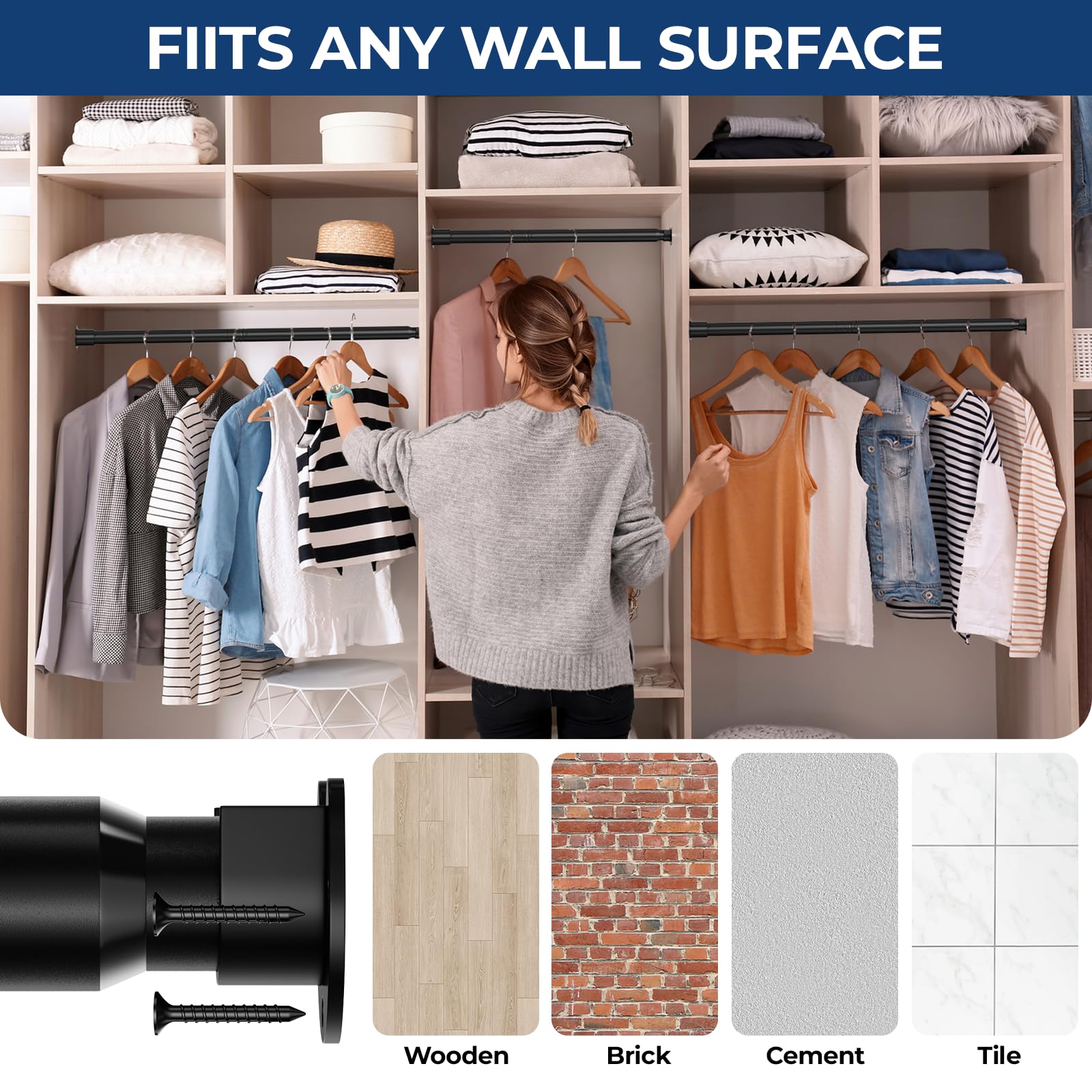 Mavivegue Closet Rod, 17 to 84 Inch Adjustable Closet Rods for Hanging Clothes, Heavy Duty Tension Rod, Black Curtain Rod, for Closet, Wardrobes, Bathroom, Laundry
