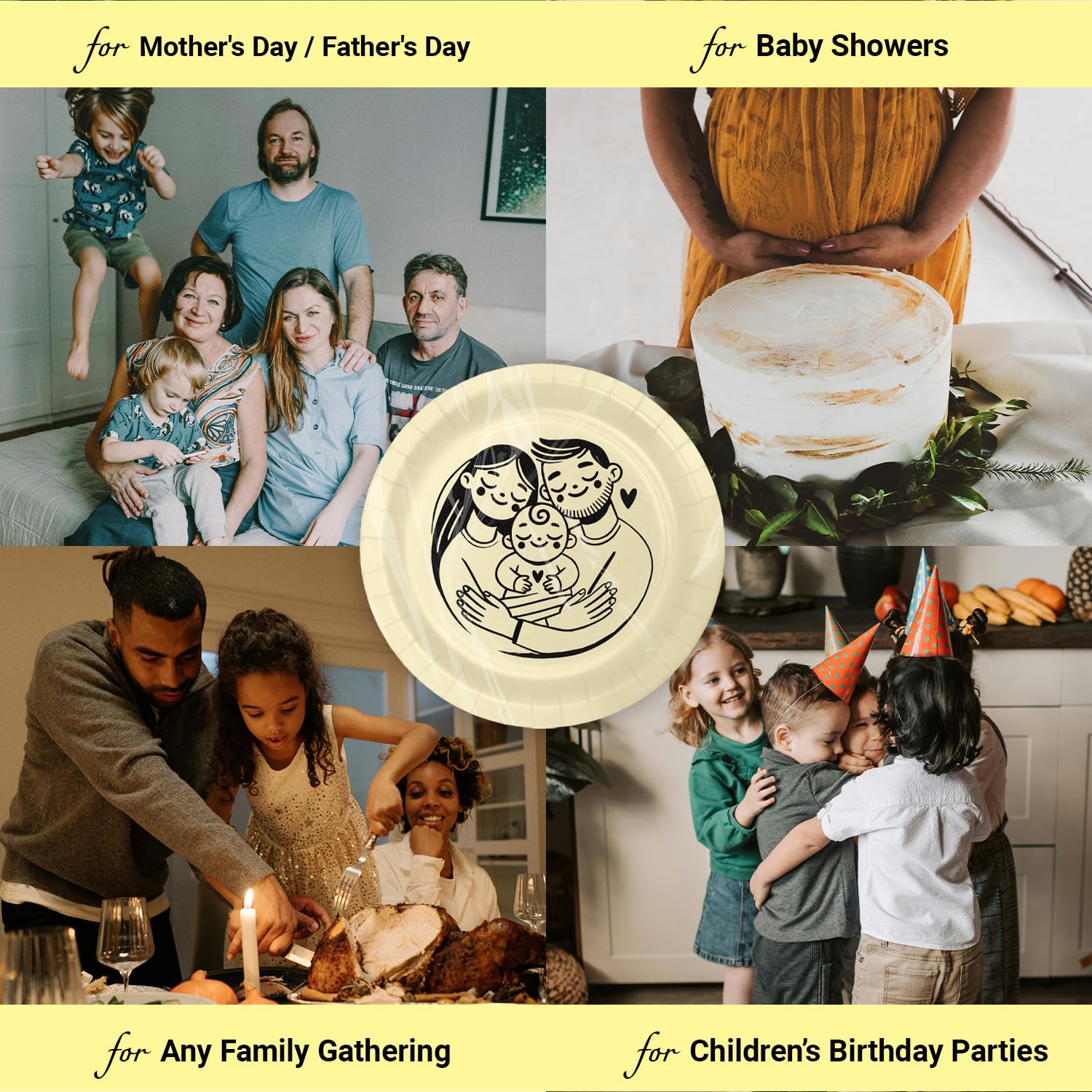 50-Pack 9" Ivory Baby Shower Paper Plates with Fanily Print