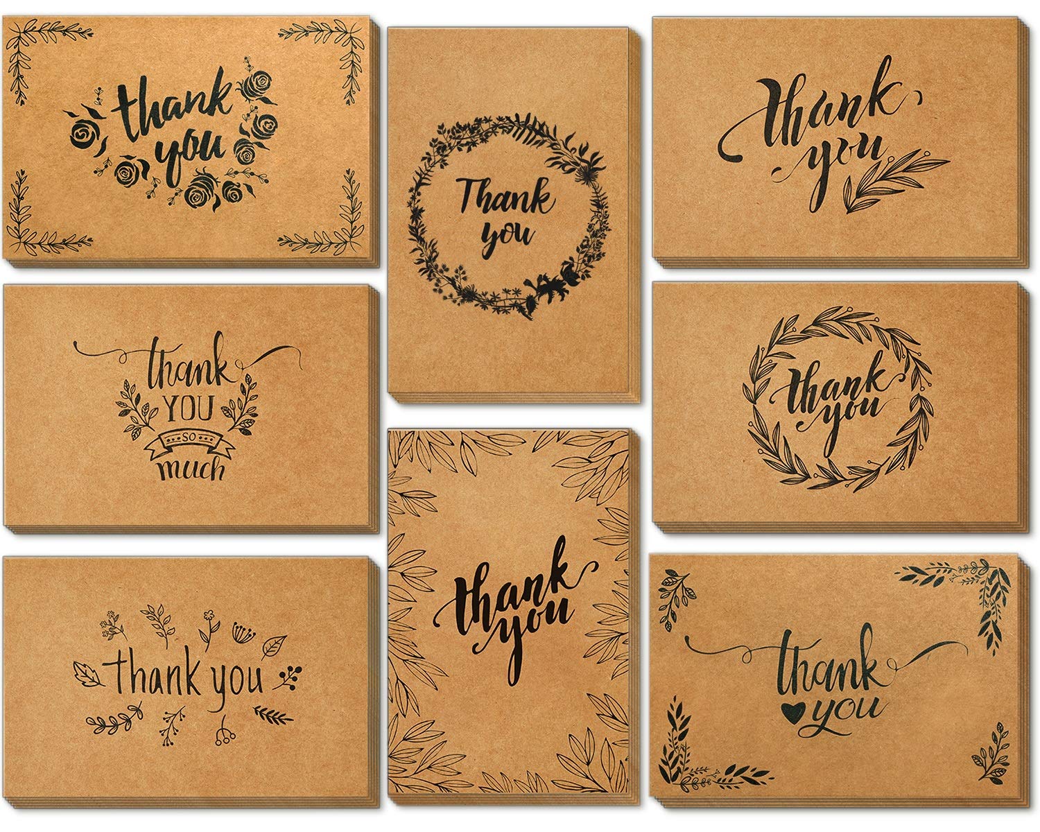 144 Thank You Cards Bulk, Brown Kraft 4x6 Inch Thank You Notes with Envelopes and Stickers, 6 Elegant Designs Greeting Cards for Business, Wedding, Baby Shower, Blank Inside