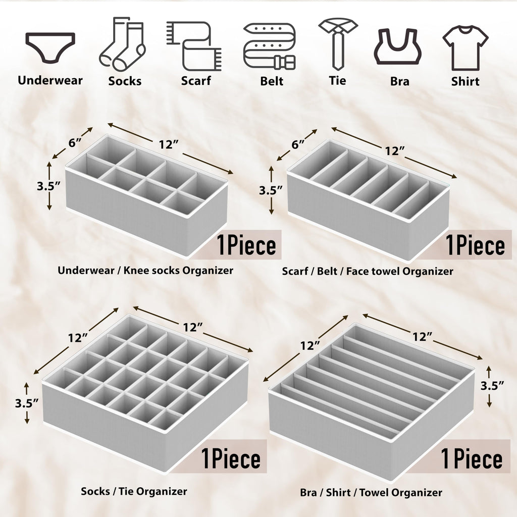 Simple Houseware Closet Underwear and Clothes Organizer Drawer Divider Set of 4, Grey