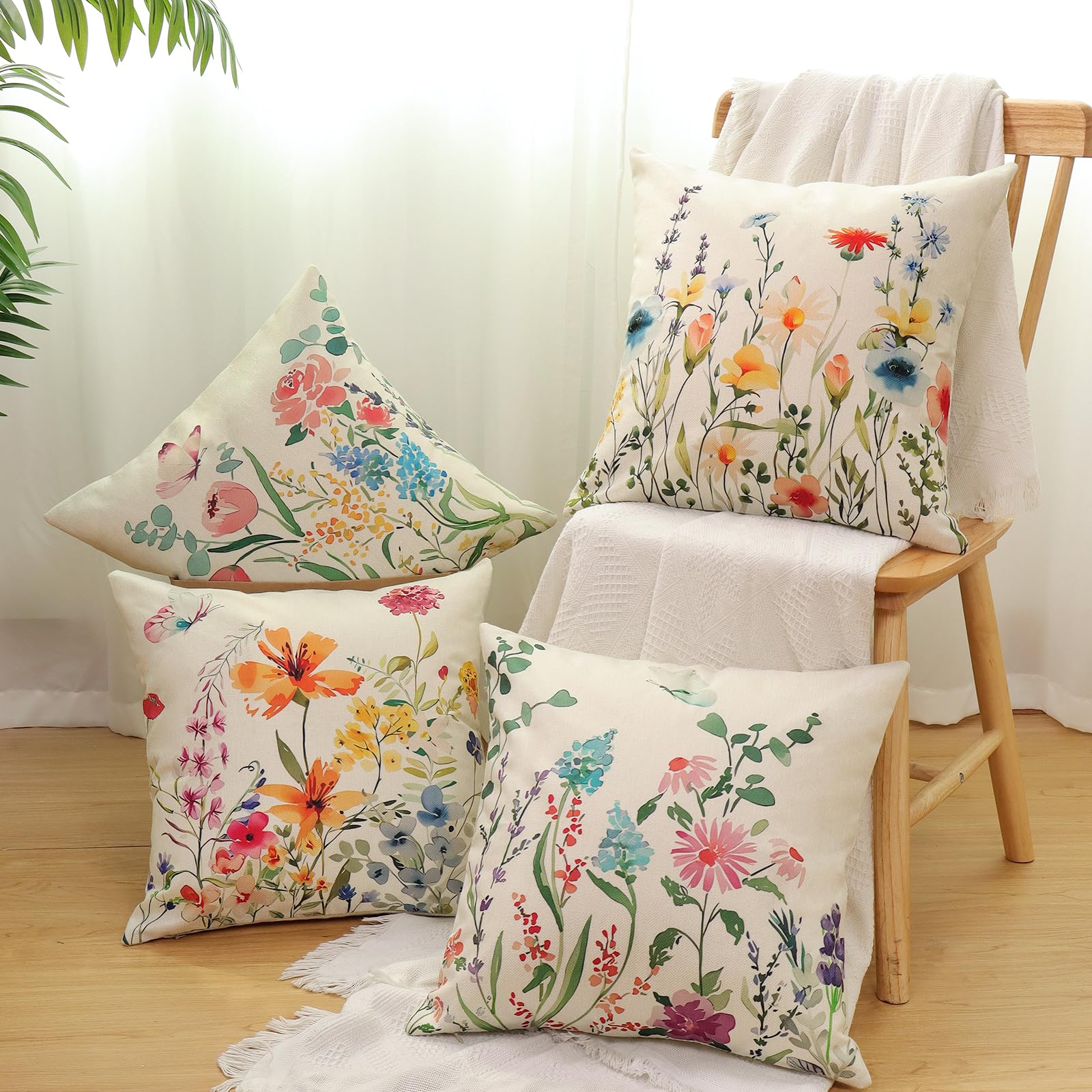 Betylifoy Throw Pillow Covers 18x18 Set of 4 Spring Floral Cushion Covers Outdoor Farmhouse Wildflower Butterfly Decorative Pillowcases Linen Cushion Case for Home Bedroom Sofa Patio