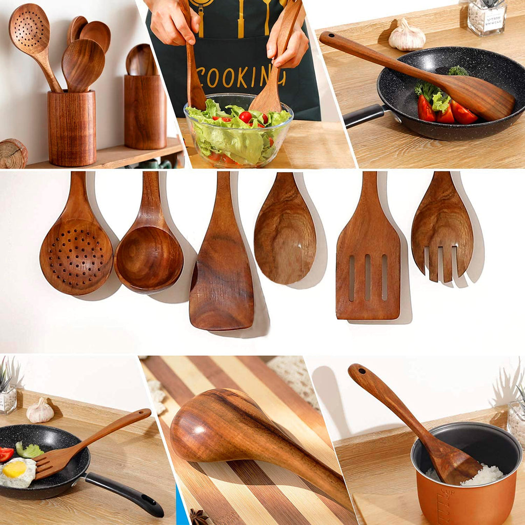 Wooden Spoons for Cooking,Natural Teak Wooden Kitchen Utensils Set (7 PCS)