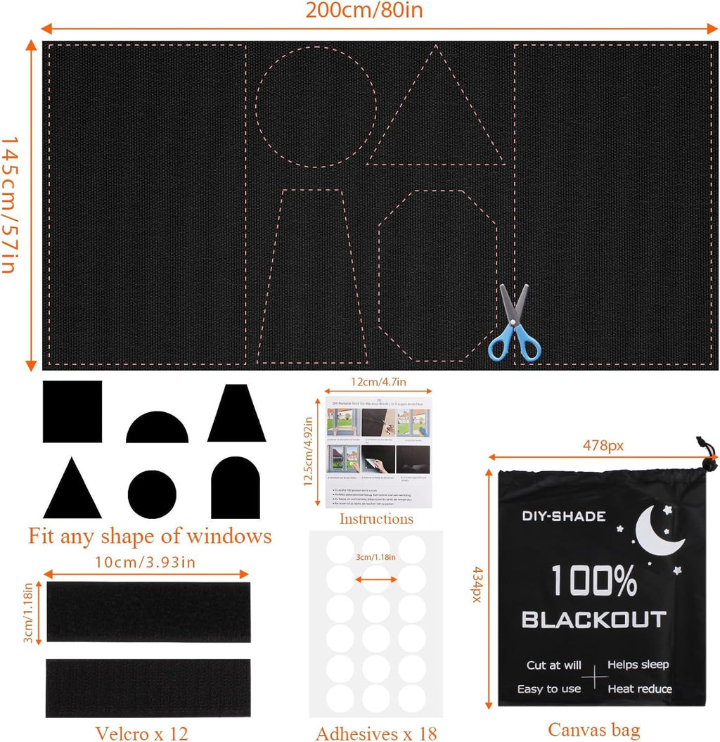 Blackout Curtains for Bedroom 𝟕𝟗" 𝐱𝟓𝟖", 420D Blackout Blinds with 12 Hook and Loop & 18 Adhesive, Travel Bag, Tape Measure, Portable Temporary Blackout Window Cover for Nursery, Travel, RV