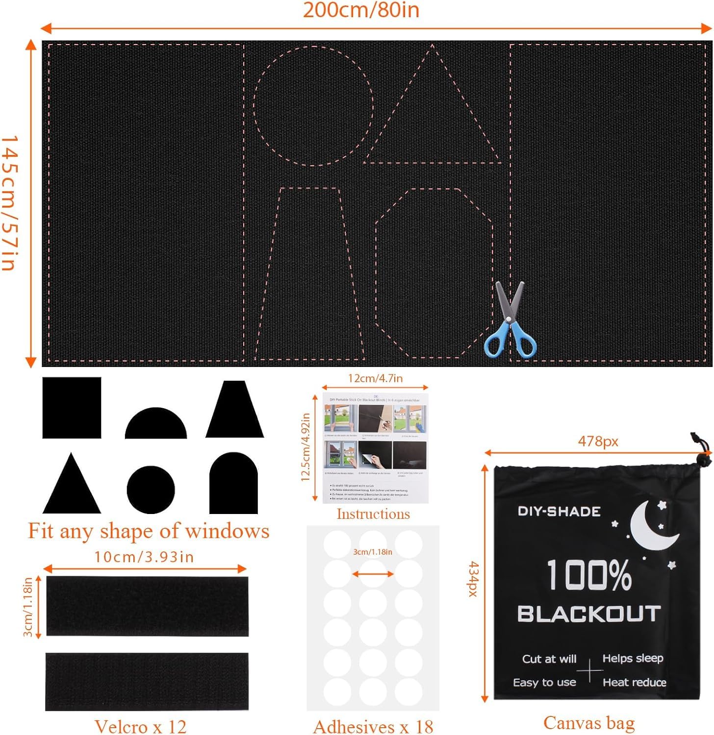 Blackout Curtains for Bedroom 𝟕𝟗" 𝐱𝟓𝟖", 420D Blackout Blinds with 12 Hook and Loop & 18 Adhesive, Travel Bag, Tape Measure, Portable Temporary Blackout Window Cover for Nursery, Travel, RV