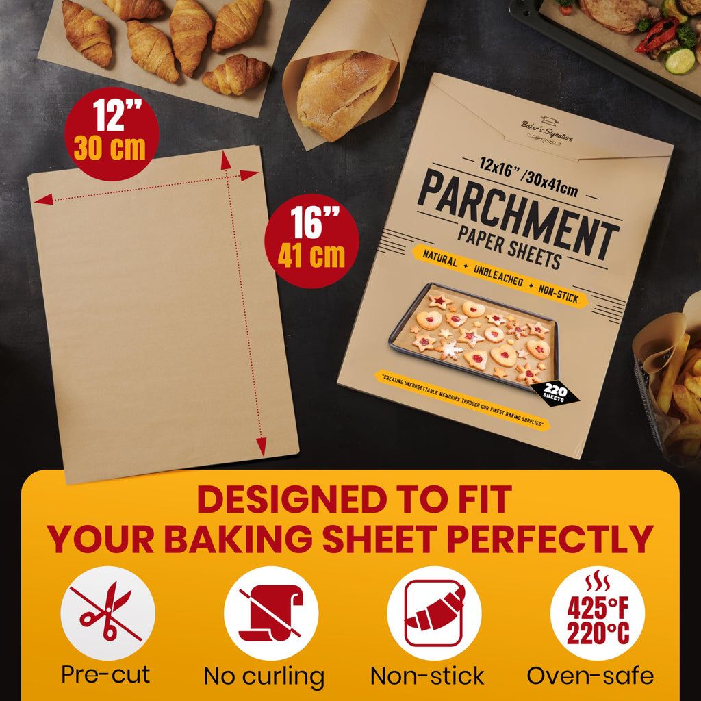 Parchment Paper Baking Sheets by Baker’s Signature | Precut Silicone Coated & Unbleached – Will Not Curl or Burn – Non-Toxic & Comes in Convenient Packaging – 12x16 Inch Pack of 220