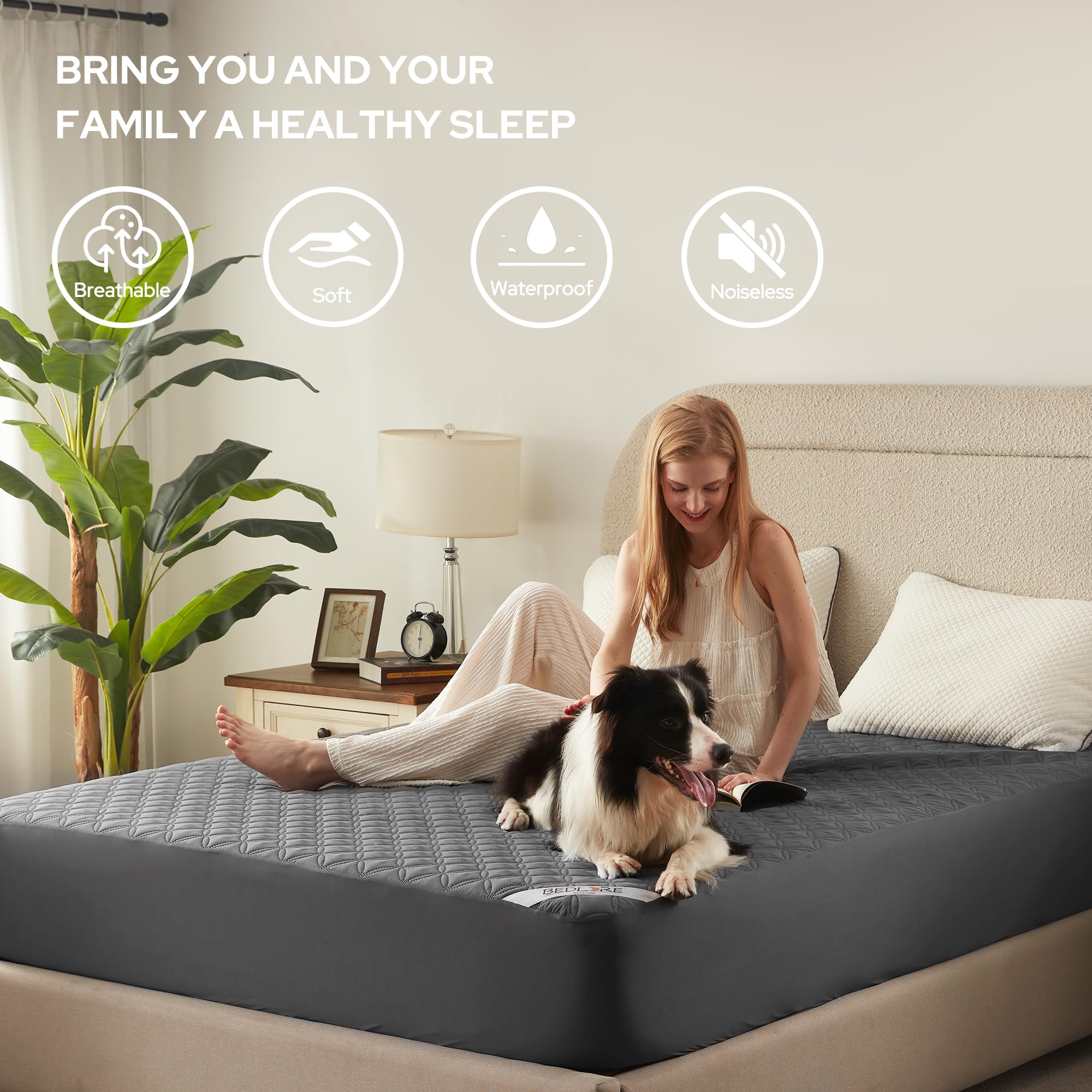 Waterproof Mattress Protector, Noiseless Queen Size Mattress Pad with Deep Pocket Fitted Up to 6"-21", Soft & Breathable Dirt-Proof Bed Mattress Cover Washable for Home, Bedroom, Hotel (Gray)