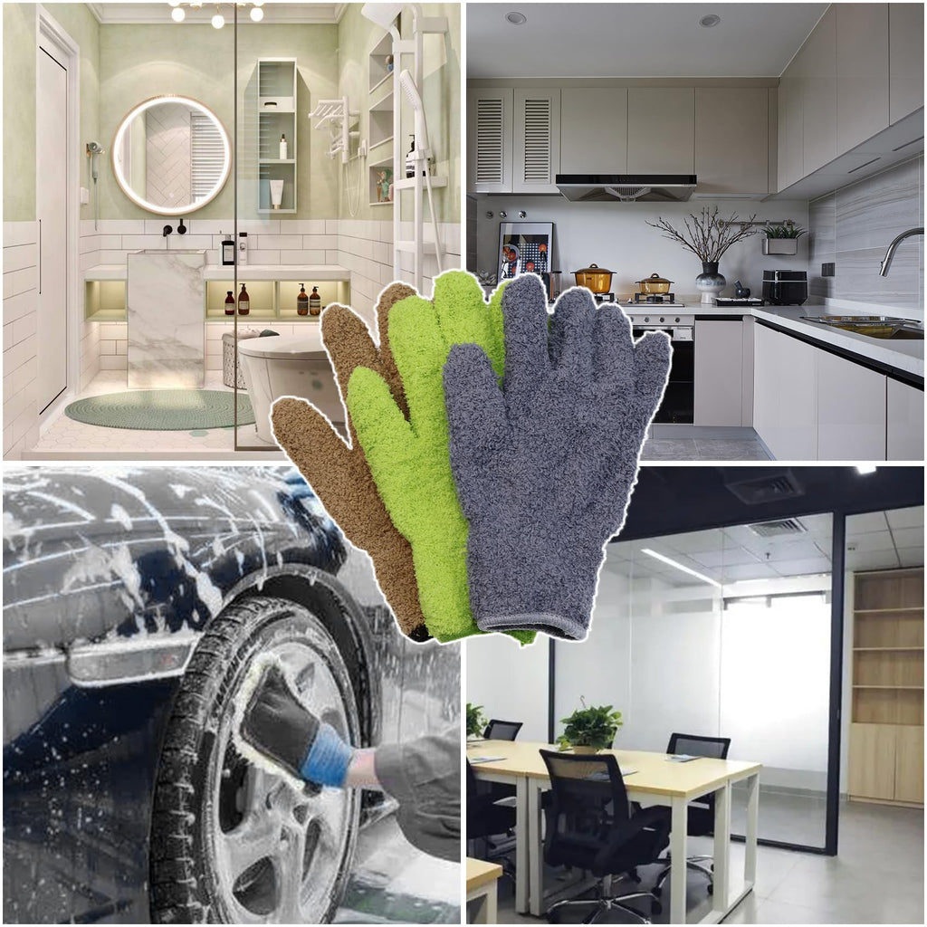 Ikosora 3 Pairs Microfiber Dusting Gloves, Plant Cleaning Reusable Microfiber Mitt for House, Car Blinds Cleaning Gloves, Grey, Green, Camel