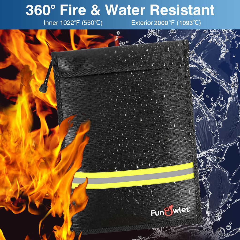 Fireproof Waterproof Money Document Bag - 15" x 11" Upgraded Zipper Bags, Fire & Water Resistant Storage Organizer Pouch for A4 A5 Documents Holder,File,Cash,Jewelry,Passport,Tablet,Laptop (Black)