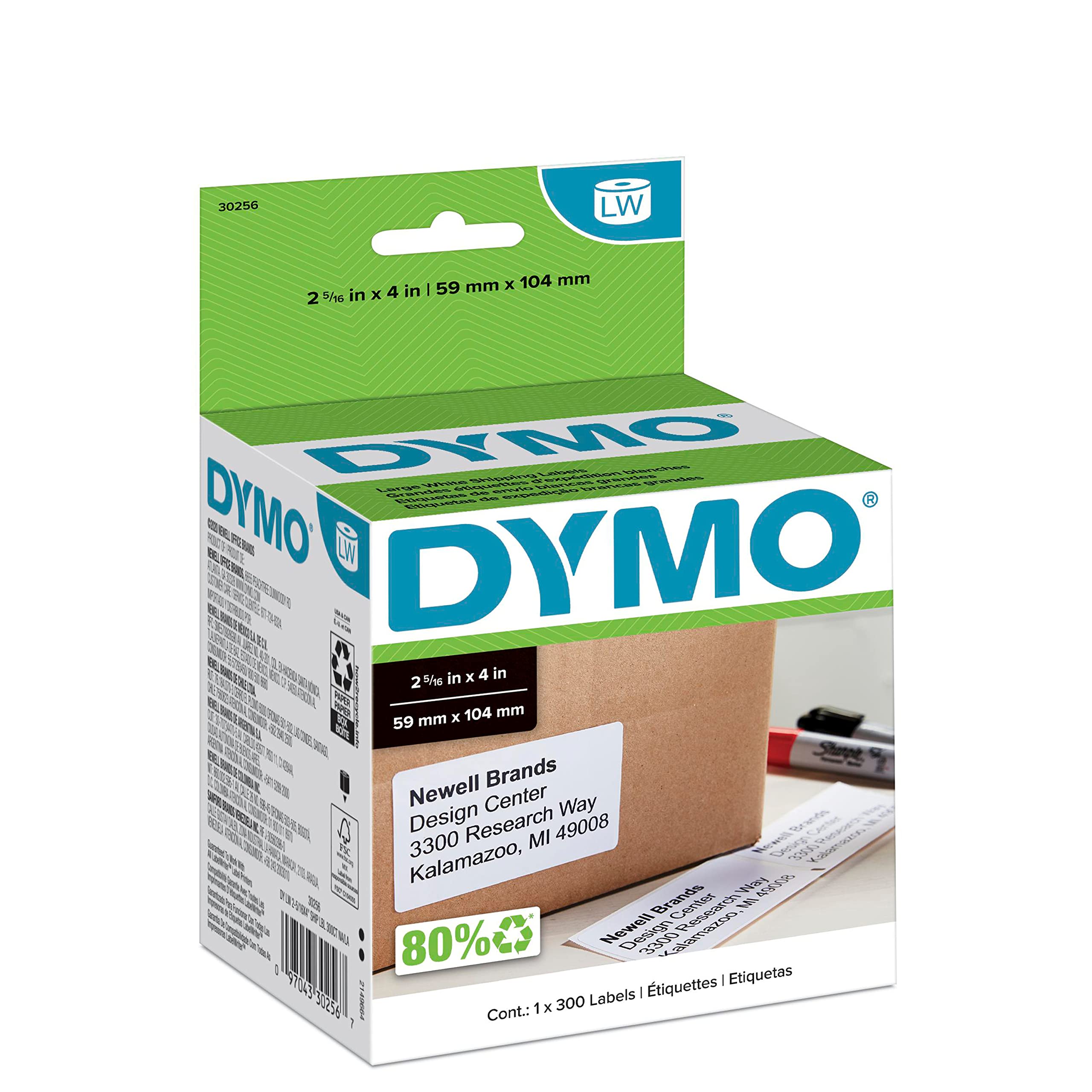 DYMO LW Large Shipping Labels for LabelWriter Label Printers, 2-5/16" x 4" (59 x 104 mm) Stickers, Black Print, White Label Maker Tape, 1 Roll of 300
