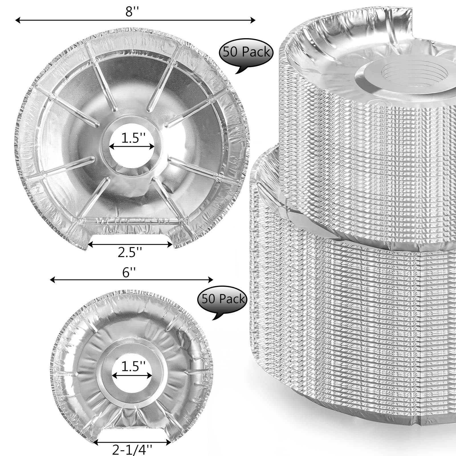 Yesland 100 Pack Stove Burner Covers, Disposable Round Burner Bibs for Electric and Gas Range Stoves, Aluminum Foil Stove Bib Liners for Keeping Stove Clean from Oil & Food Drips(6 & 8 Inches)