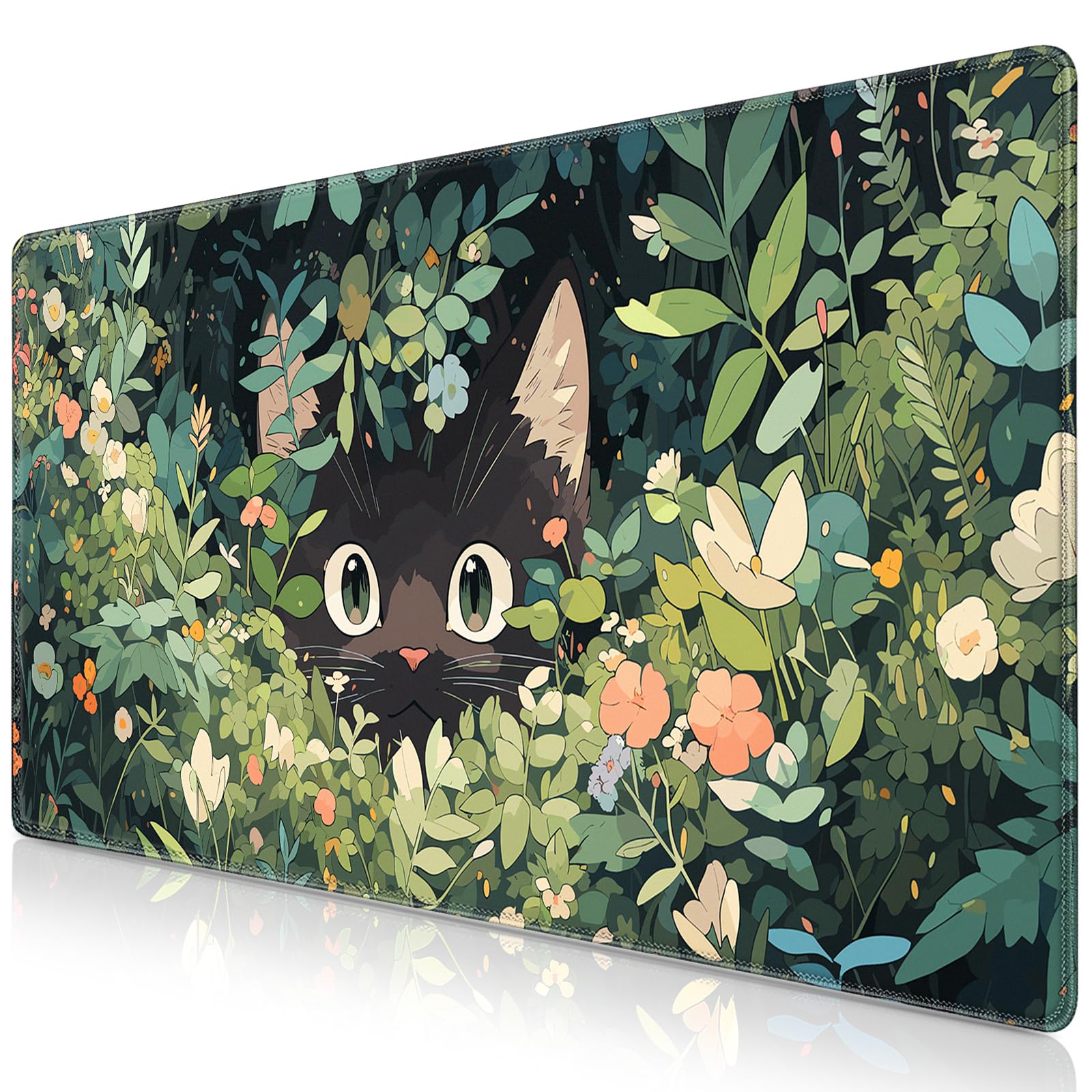 Anime Cat Mouse Pad Green Desk Mat, Kawaii XXL Large Mouse Pad Keyboard with Stitched Edges Non-Slip, 35.4×15.7in Mousepad Mat for Desktop Computer Laptop Office Women Decor Game Funny