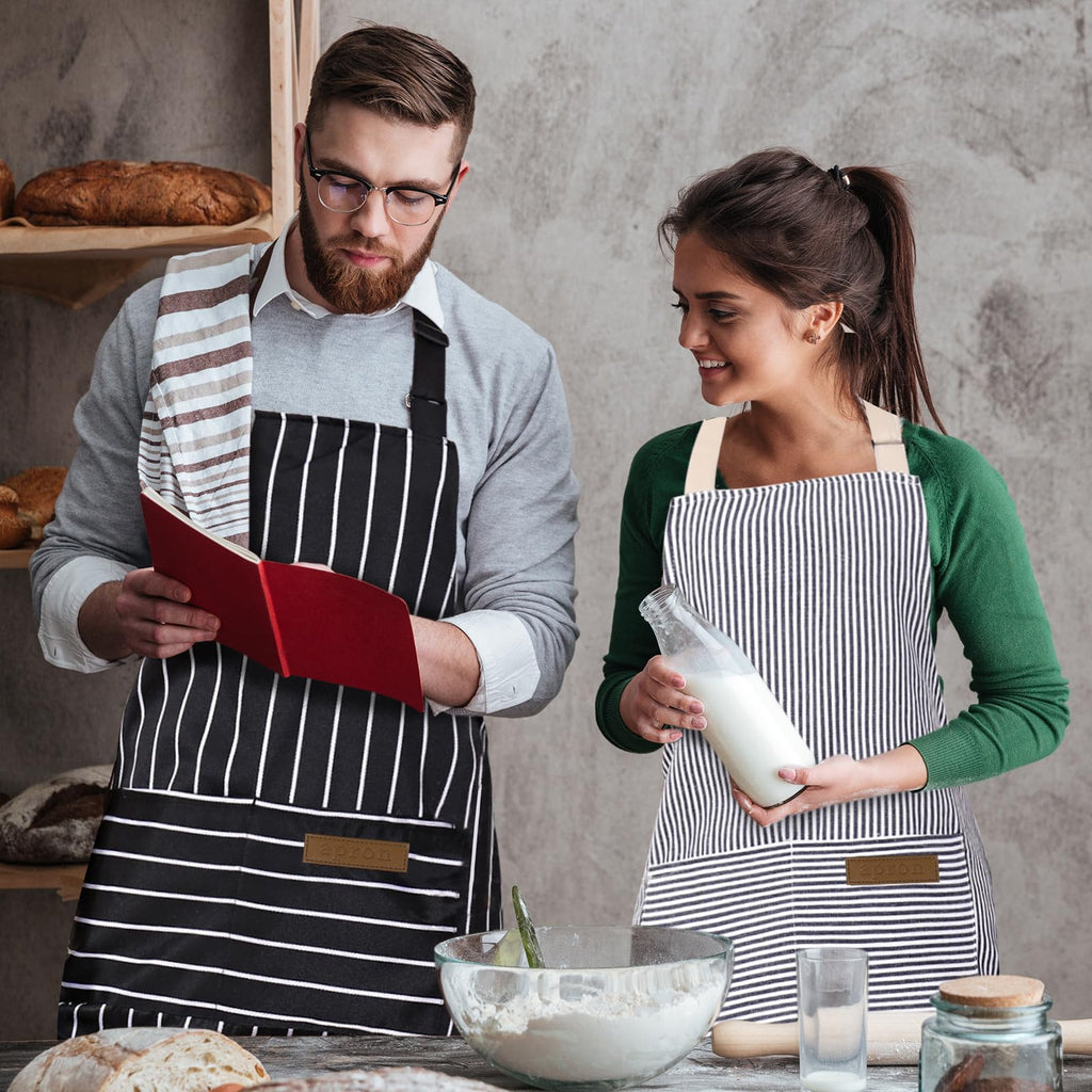 Taidven 2 Pack Apron - Unisex, Adjustable Bib Kitchen Apron, Cooking Apron, Aprons for Women with Pockets, Chef Aprons for Men, Black and Brown Striped, Standard