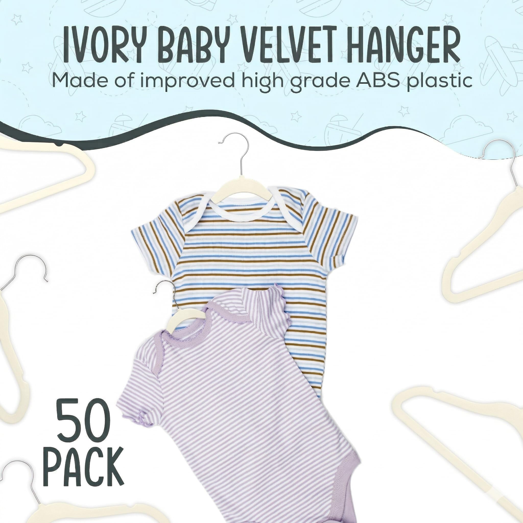Techzoo Premium Baby Velvet Hangers 50 Pack – 11.8" Non Slip Felt Cloth Hangers for Closet – Ultra Slim, Space Saving Baby Clothes Hangers with 360° Swivel Hook Infant Hangers – Ivory
