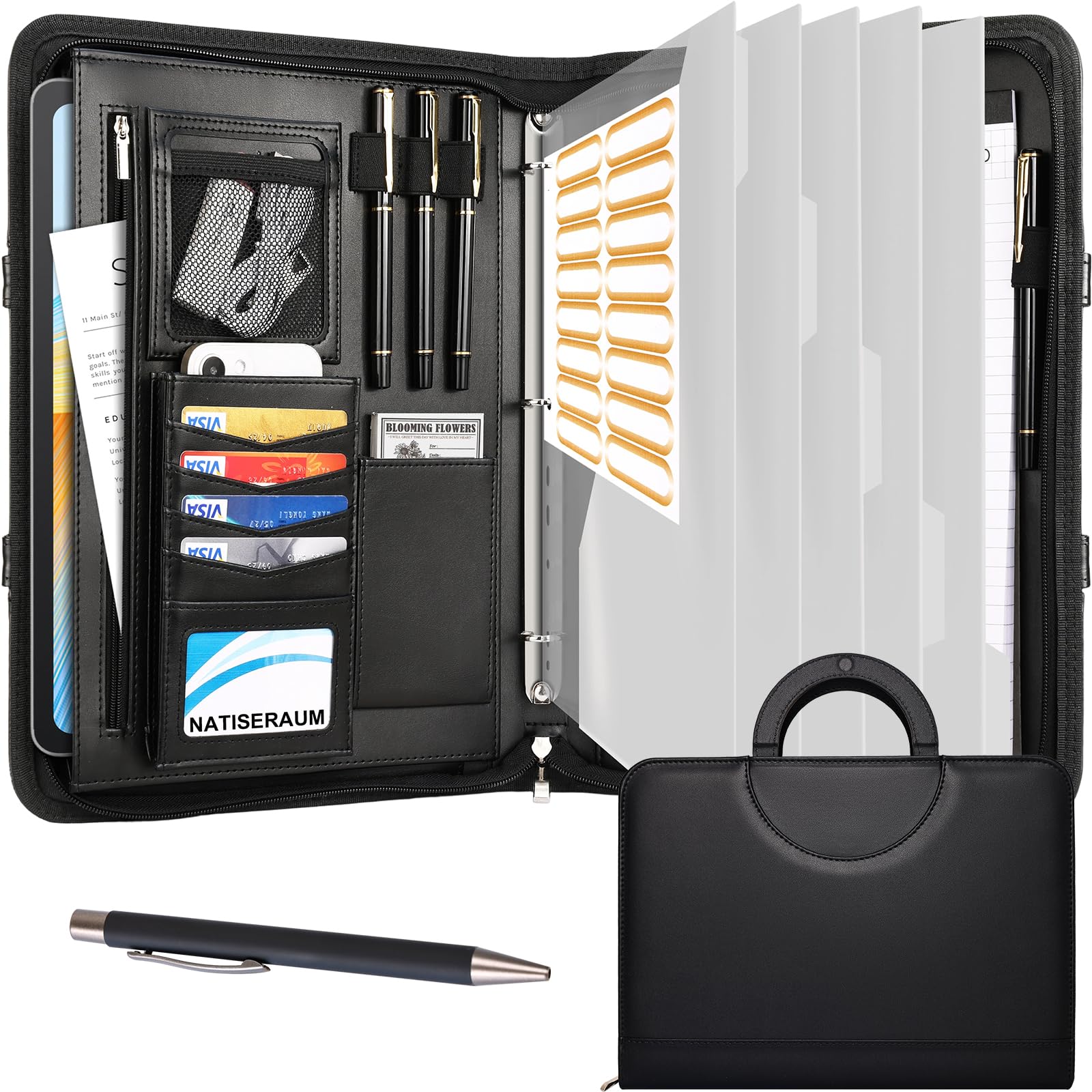 NATISERAUM Padfolio with Handle, Portfolio Binder 3-Ring, Zipper Binder for Business School, Vegan Leather Portfolio for Students with Notepad Includes 5 Sheet Protectors for Documents Files and 1 Pen
