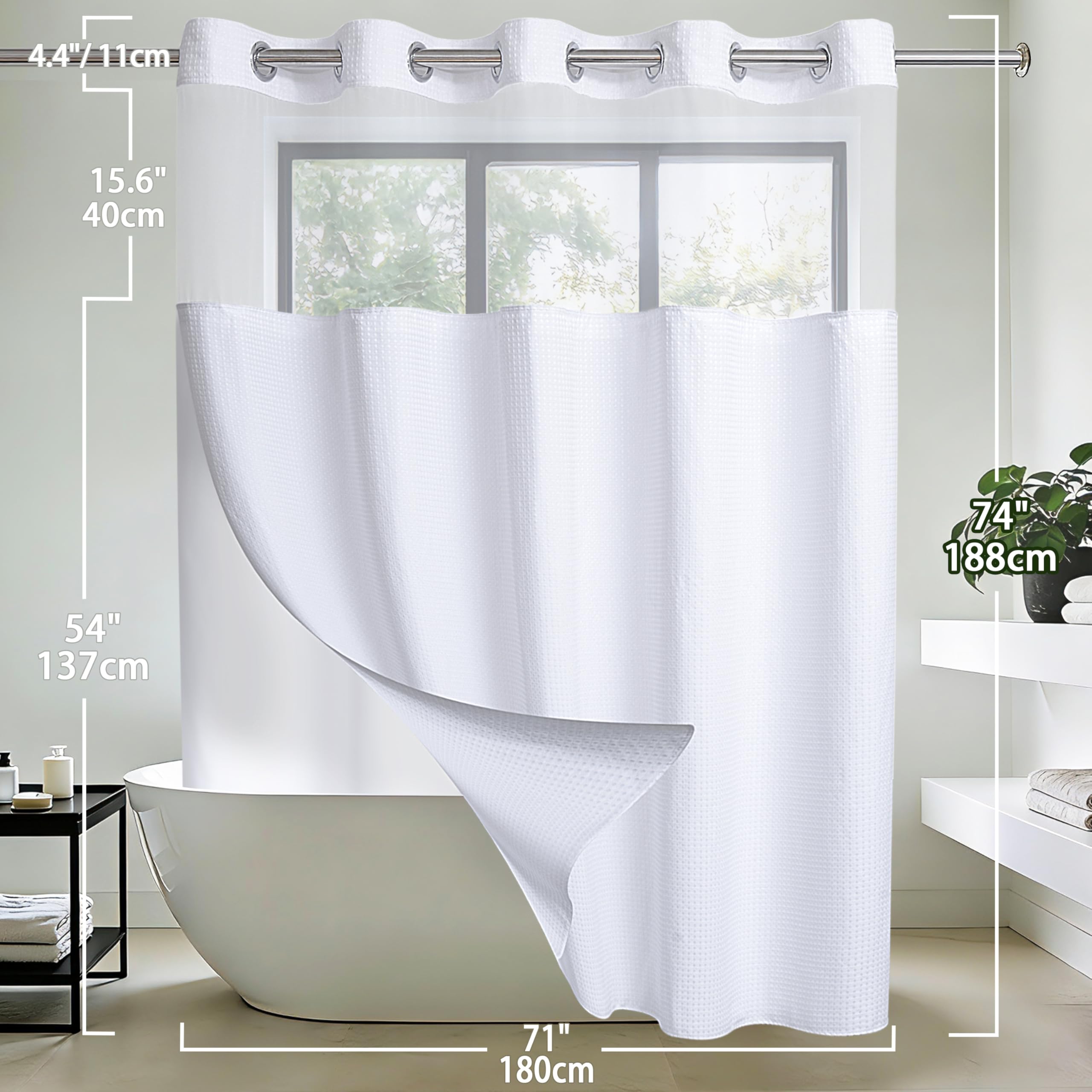Conbo Mio Fabric Waffle Weave Hotel Shower Curtain with Snap in Liner for Bathroom Waterproof Machine Washable Shower Curtain (Waffle-White, 71" W x 74" H)