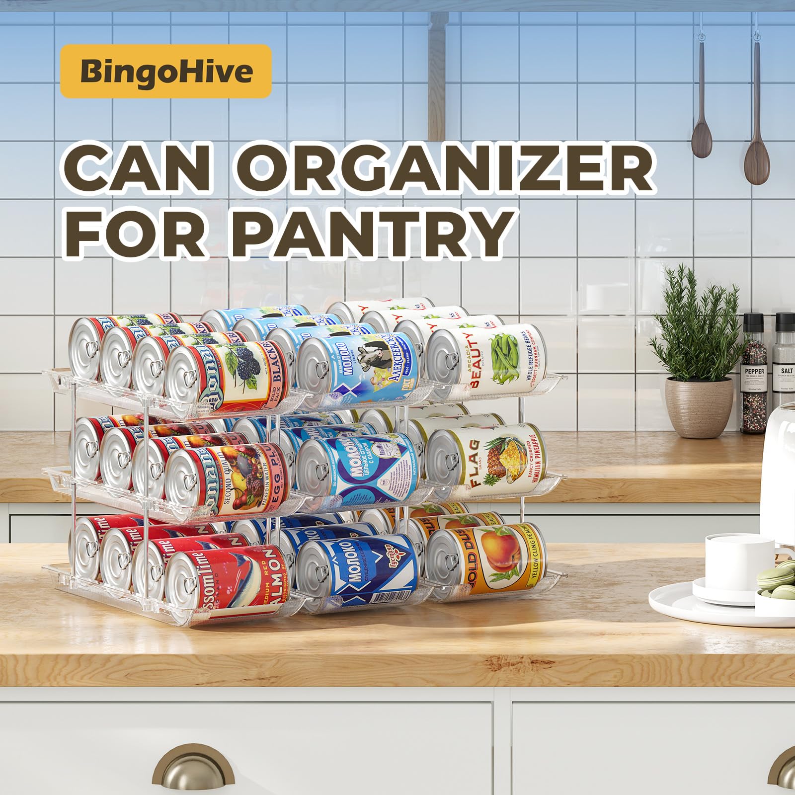 BingoHive Can Organizer for Pantry Stackable 3 Tiers Can Storage Organizer Pantry Soda Can Organizer for Fridge 36 Cans Rack Automatic Rolling Canned Food Organizer for Refrigerator Kitchen Clear