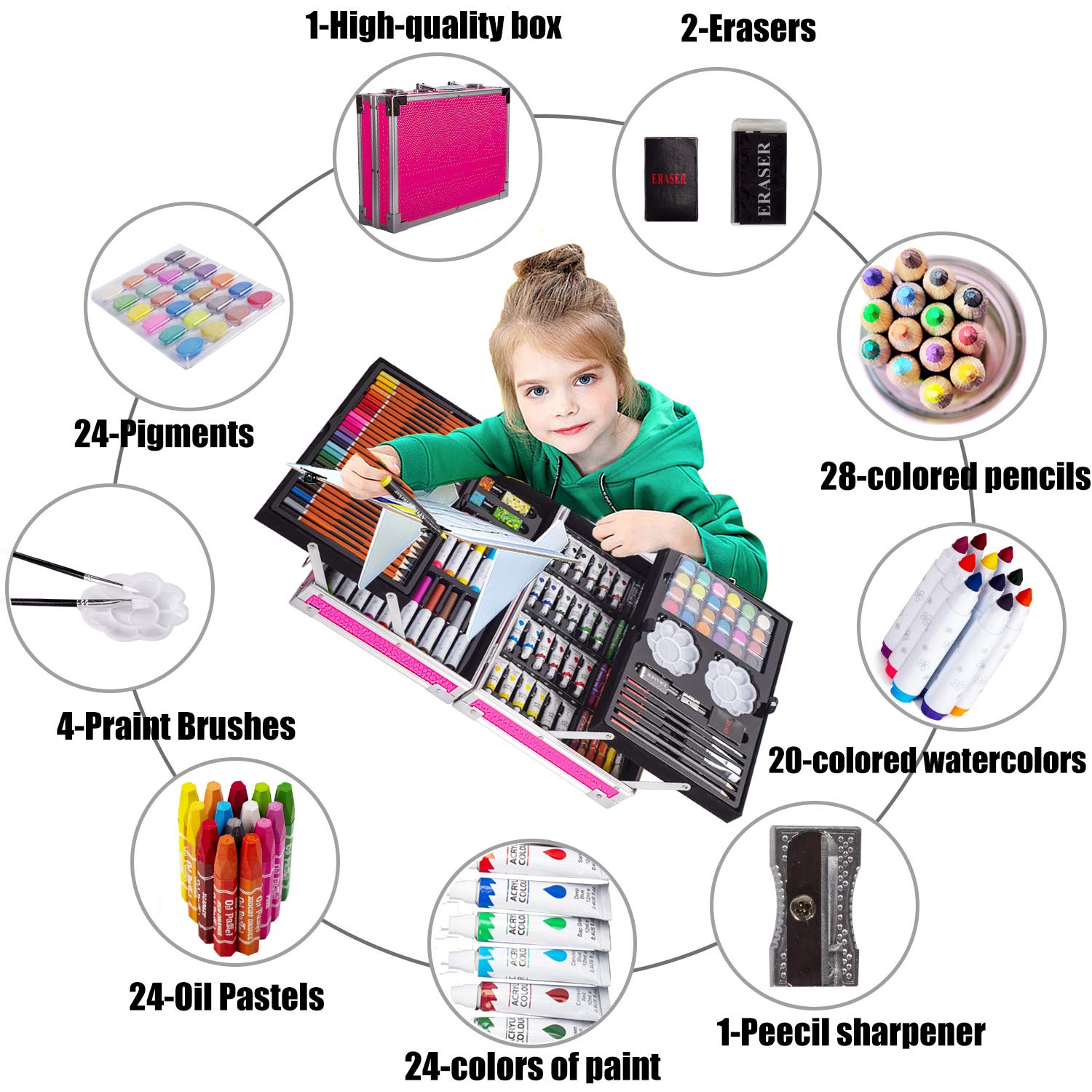KINSPORY Art Kit, 139 Pack Art Supplies with 2 Sketch Pads, Deluxe Wooden Art Set Crafts, Watercolor Pens, Colored Pencils, Oil Pastels, Paints, Painting Drawing Coloring Gift for Artists Kids (Pink)